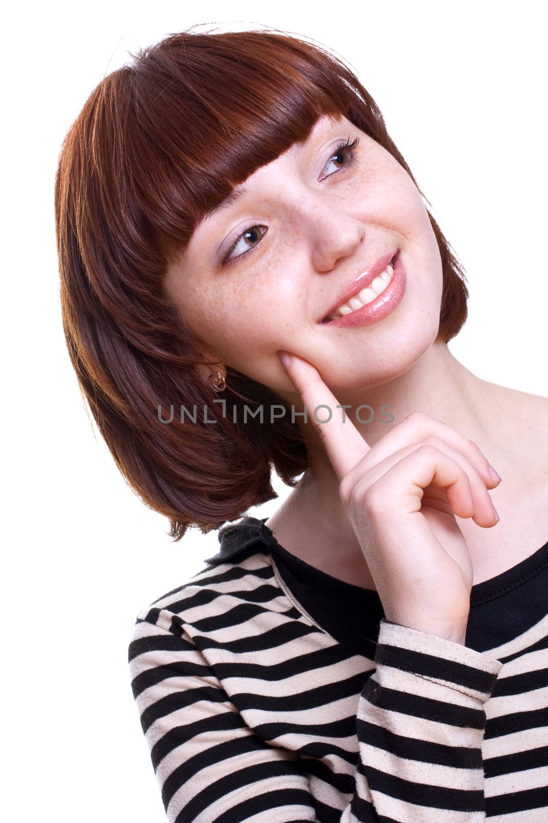 laughing girl in a T-shirt on a white background