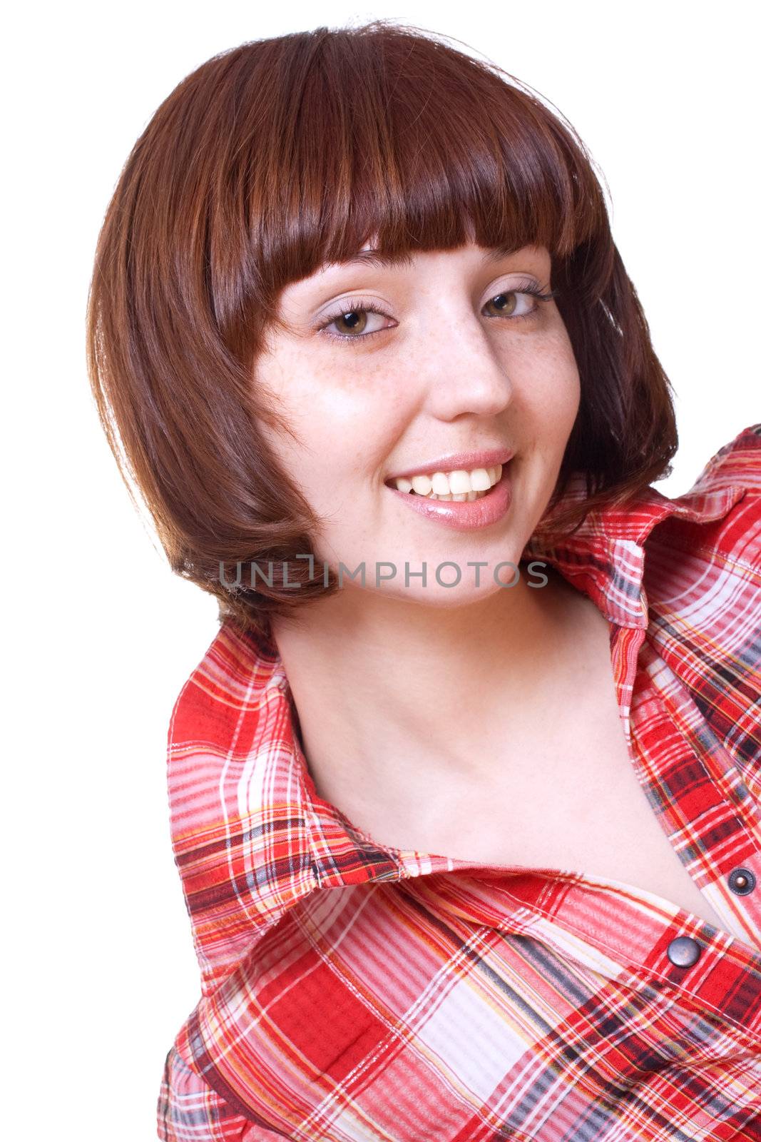 laughing girl in a shirt on a white background