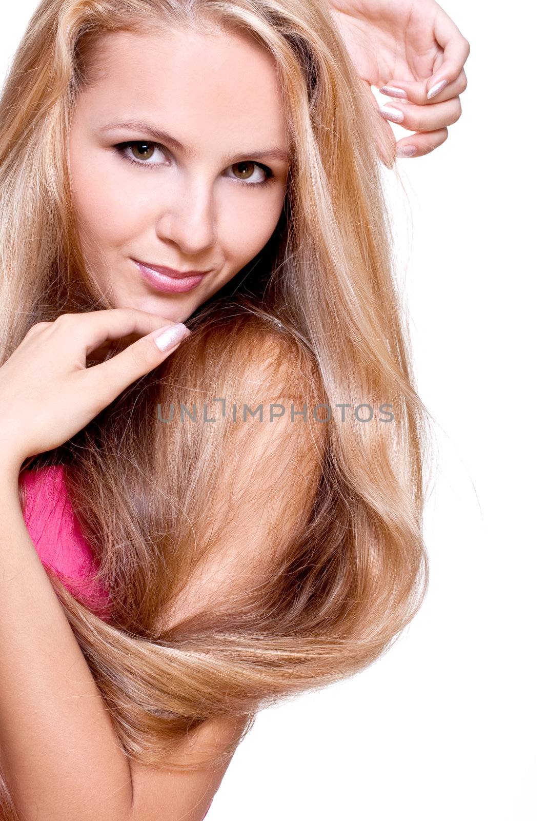 woman in a red dress posing on a white background