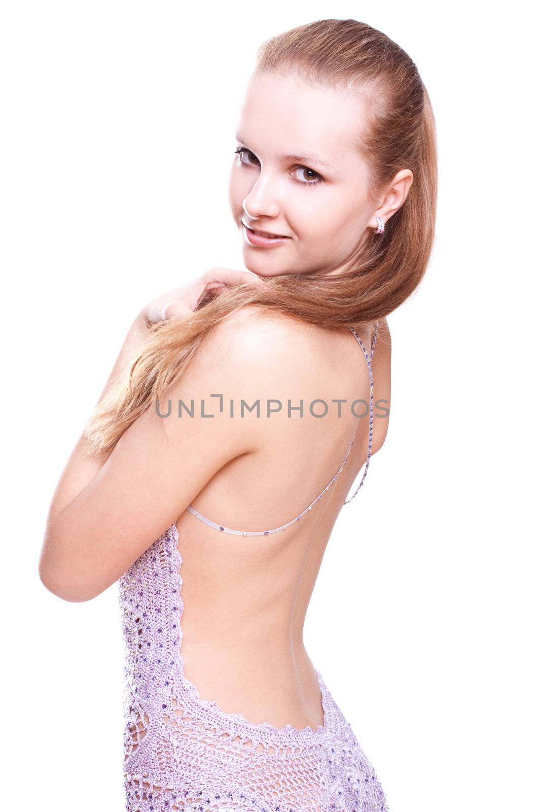 woman in a violet dress posing on a white background