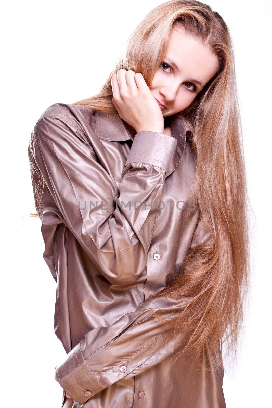 woman in a shirt posing on a white background