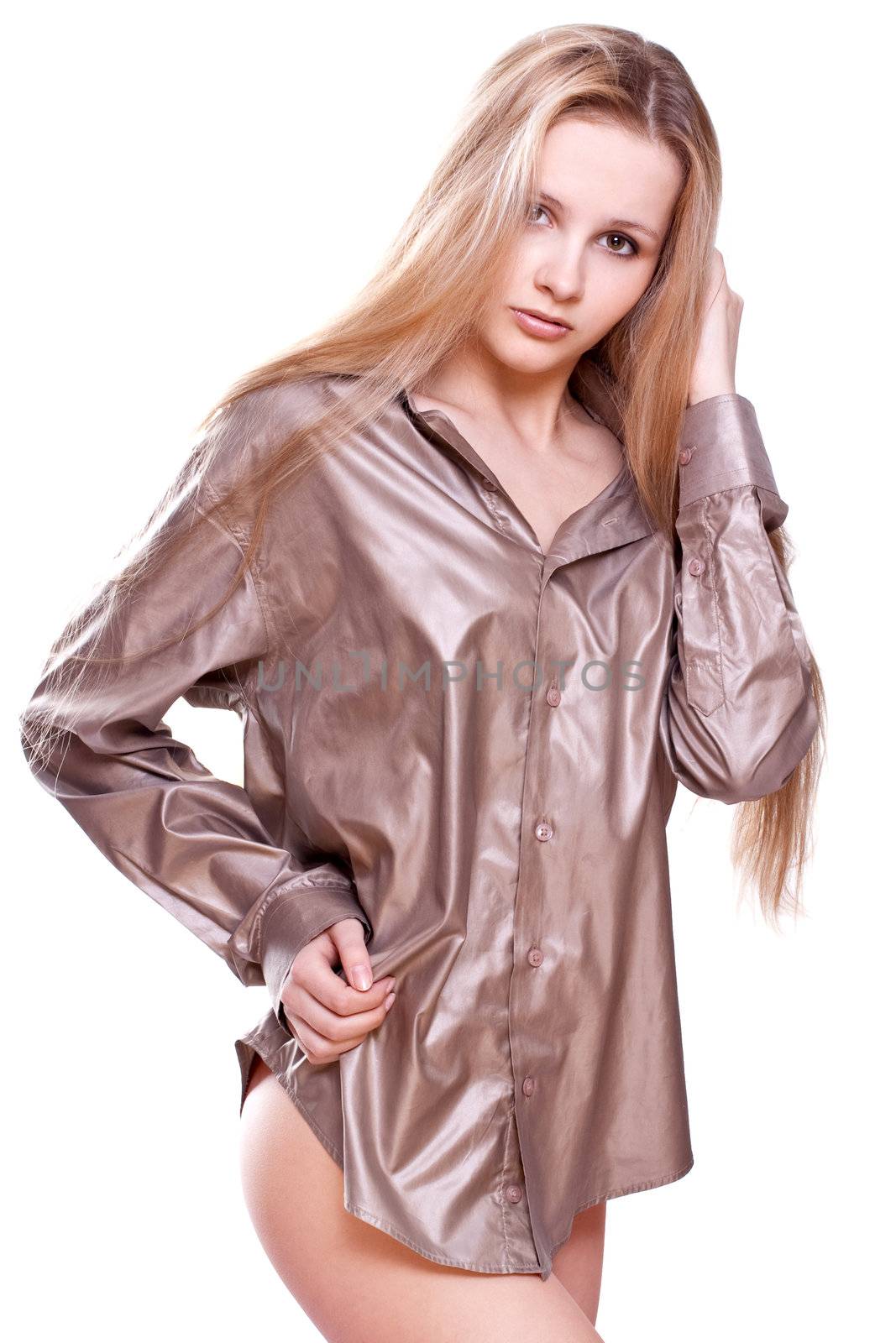 woman in a shirt posing on a white background