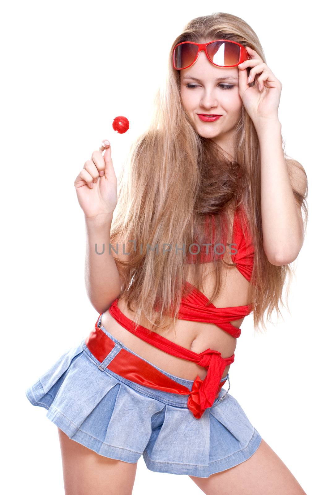 woman in a red dress with the glasses on a white background