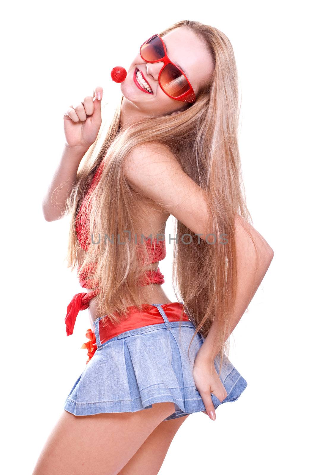 woman in a red dress with the glasses on a white background