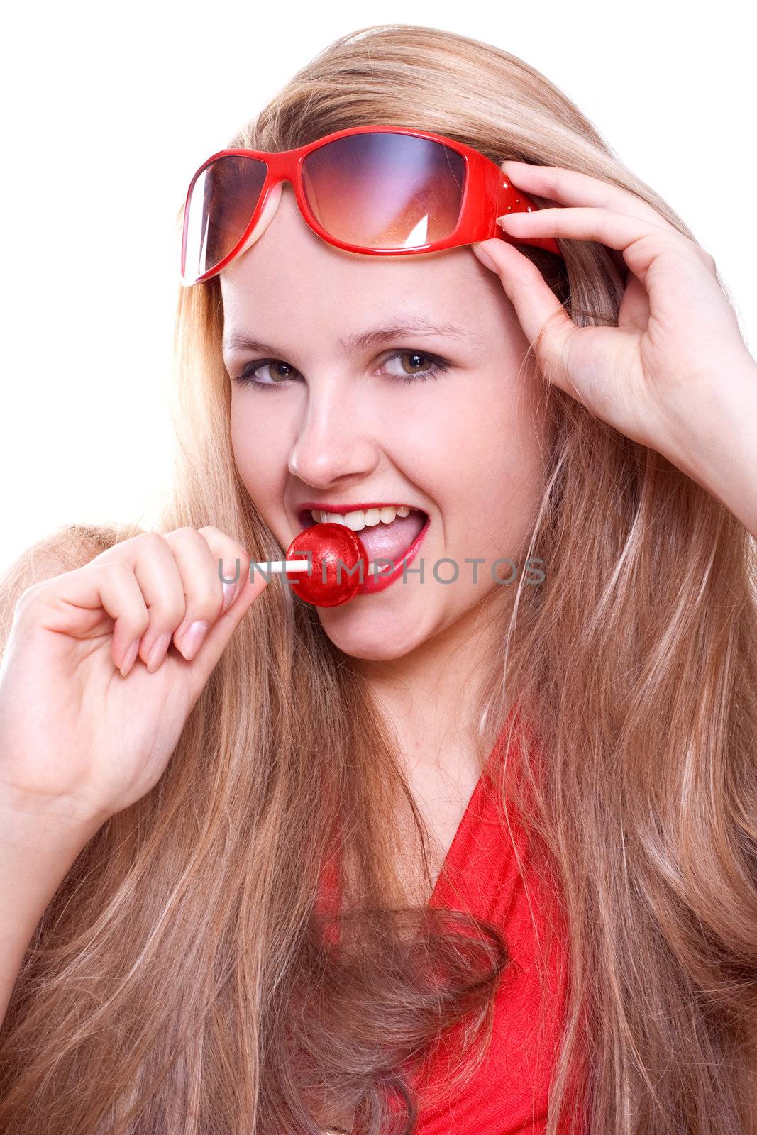 woman in a red dress with the glasses on a white background