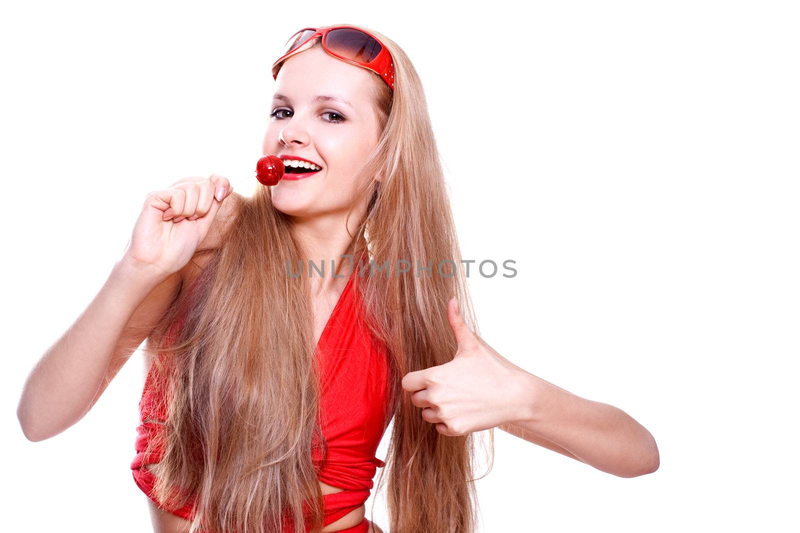 woman in a red dress with the glasses on a white background