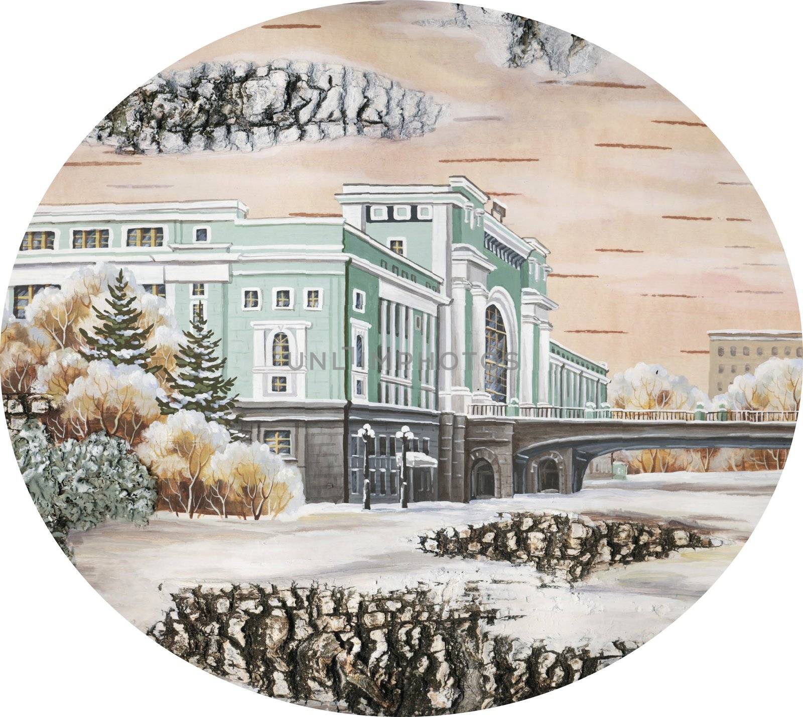 Drawing distemper on a birch bark: station Novosibirsk-Main, Russia, Novosibirsk
