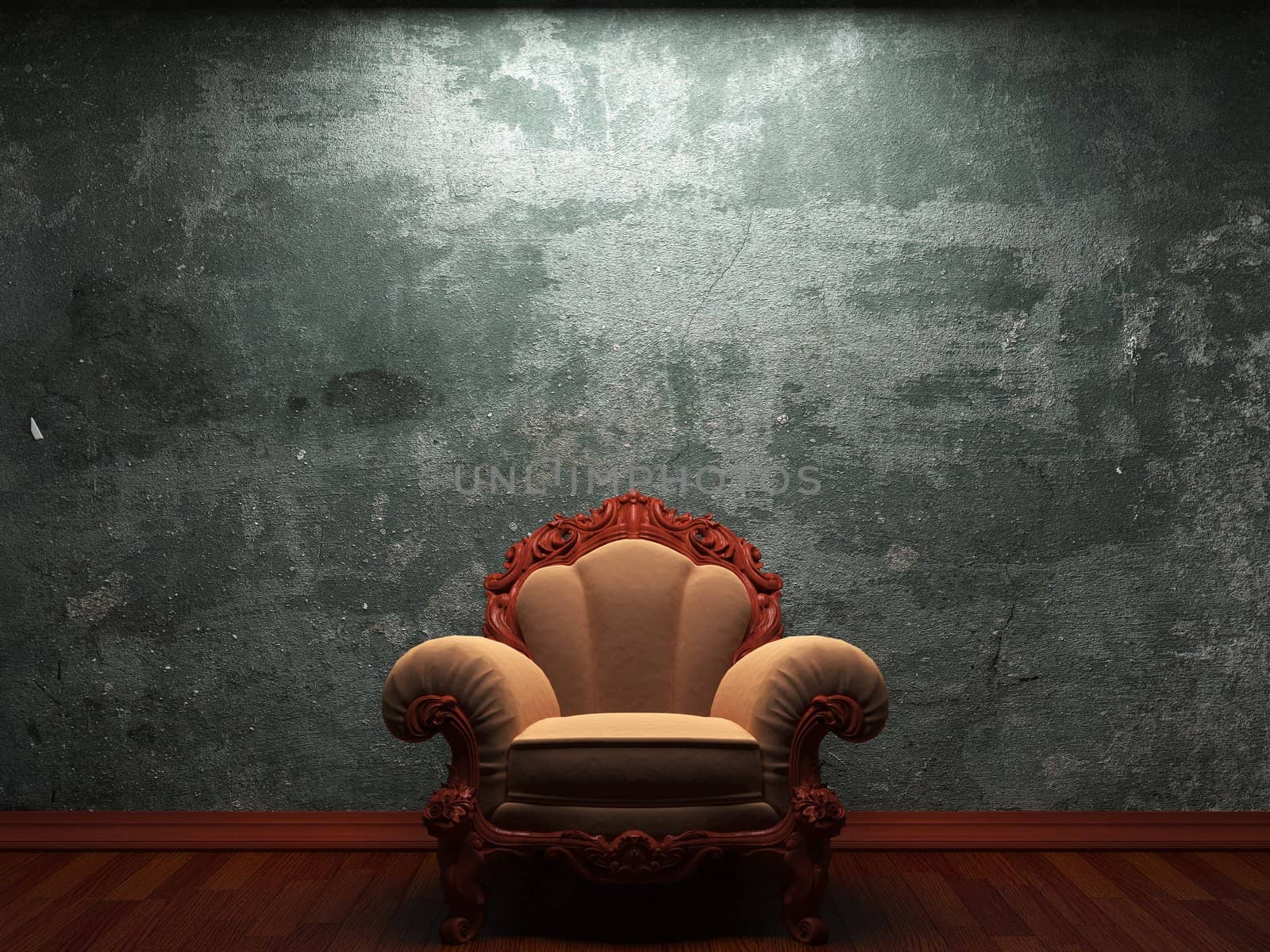 old concrete wall and chair made in 3D graphics