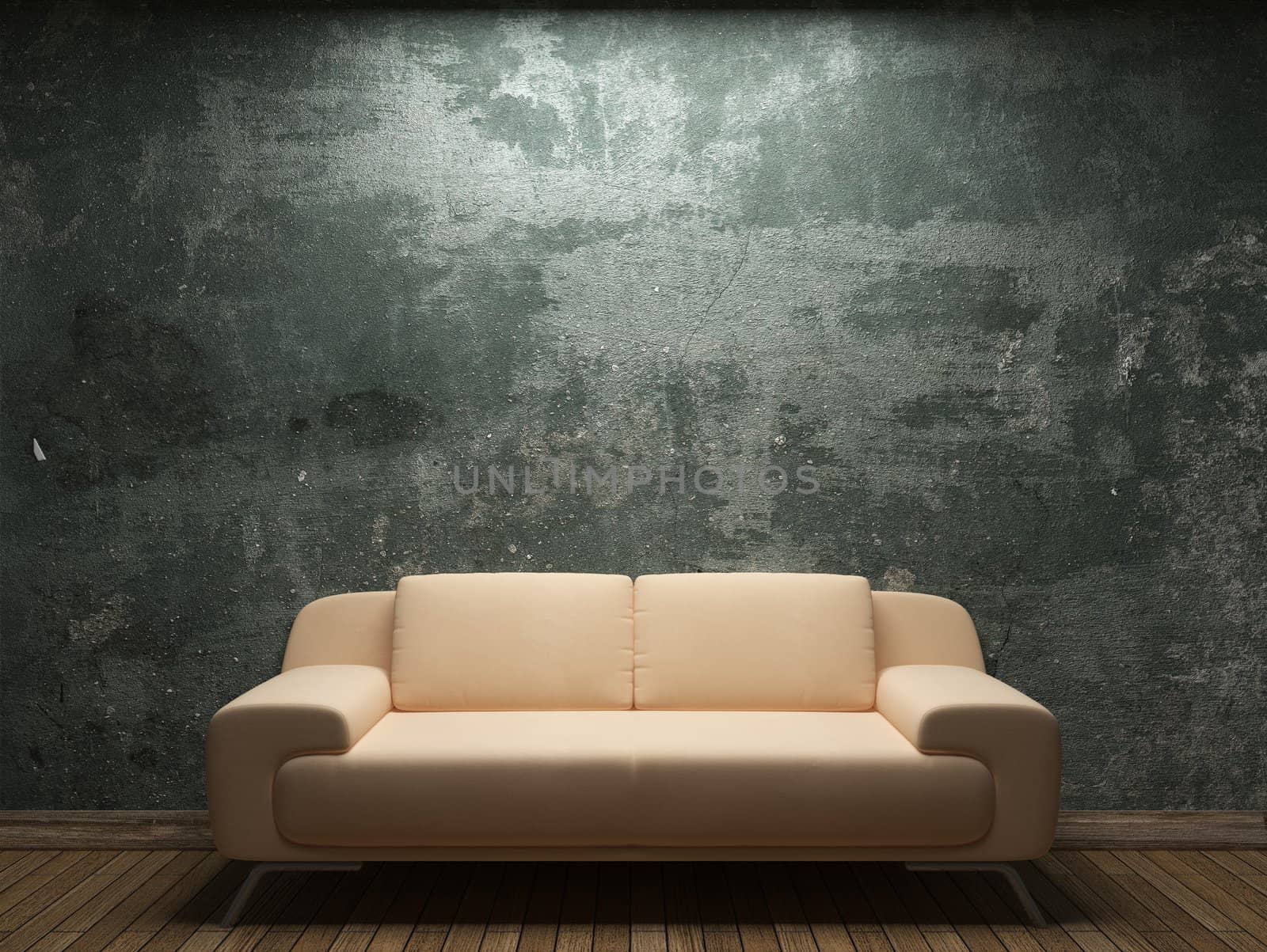 old concrete wall and sofa made in 3D graphics