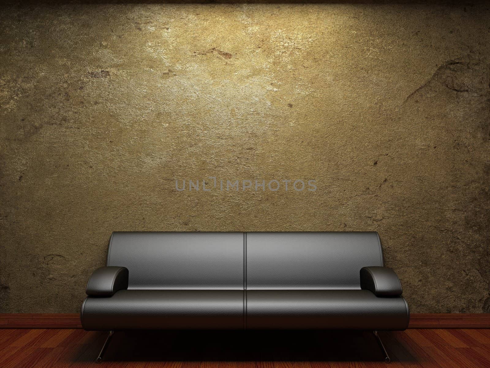 old concrete wall and sofa made in 3D graphics