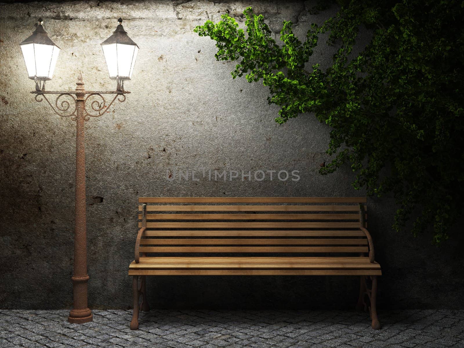 old concrete wall and bench made in 3D graphics