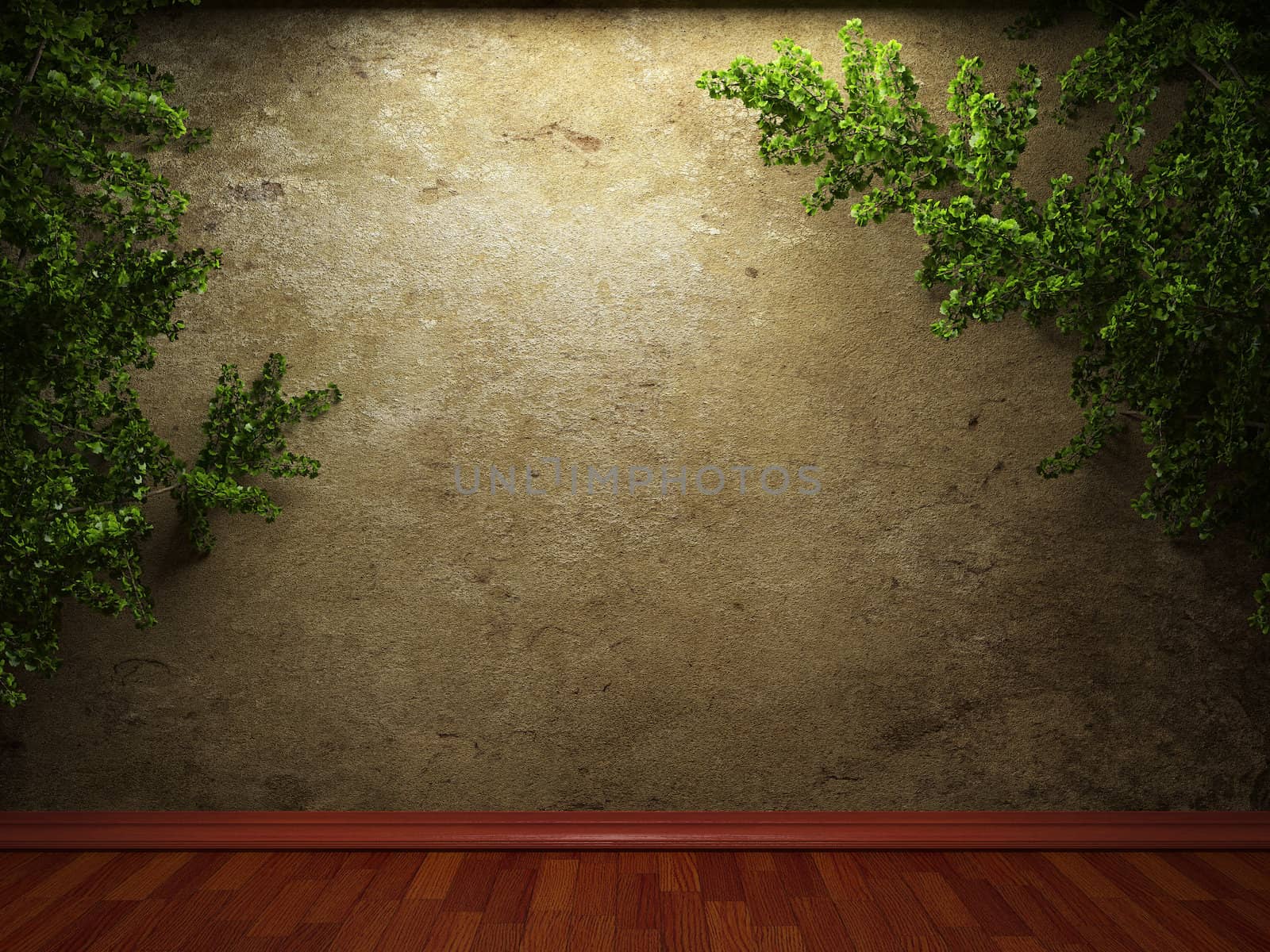 old concrete wall and plant made in 3D graphics