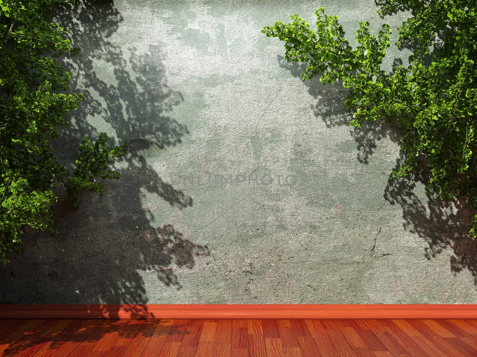 old concrete wall and plant made in 3D graphics
