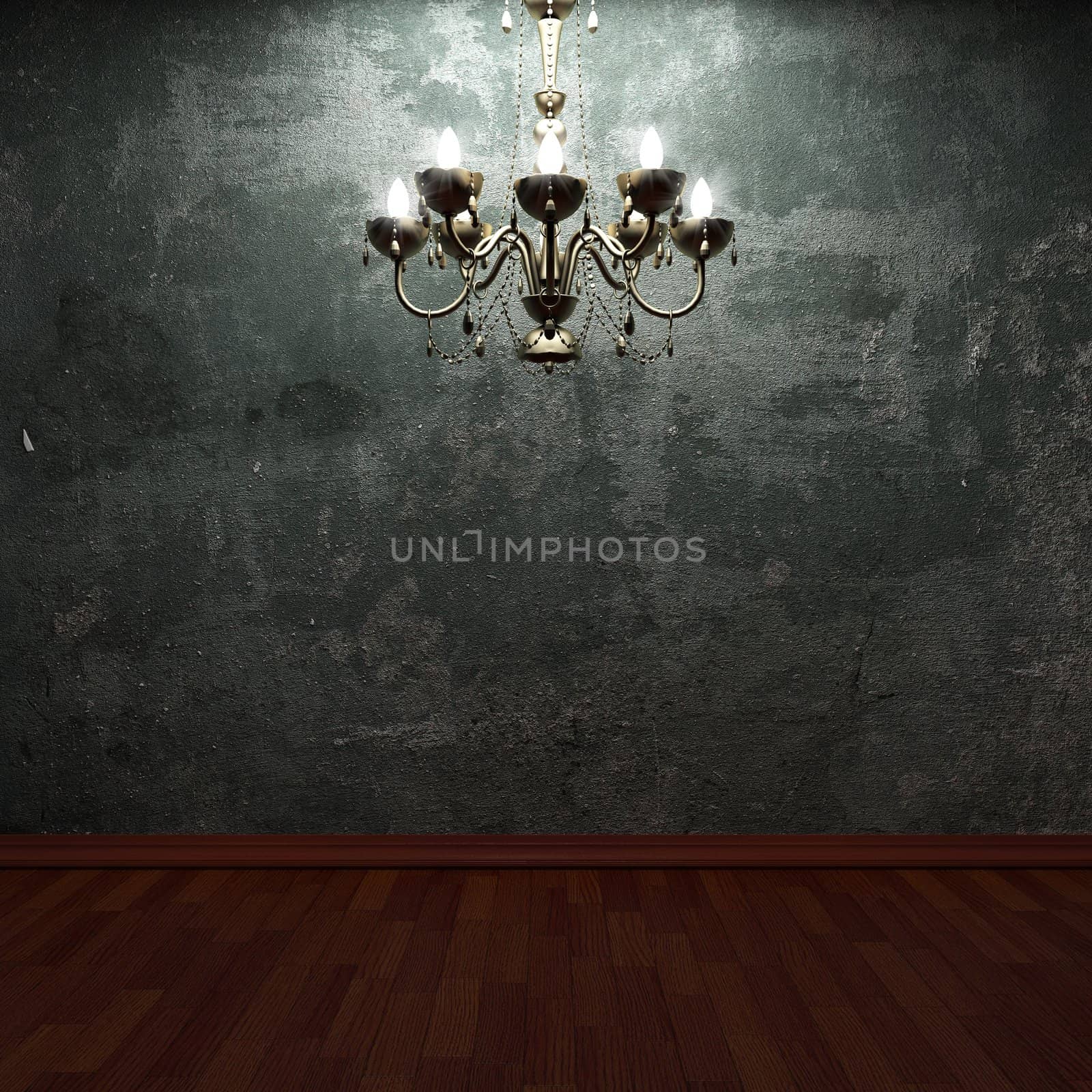 old concrete wall and chandelier made in 3D graphics