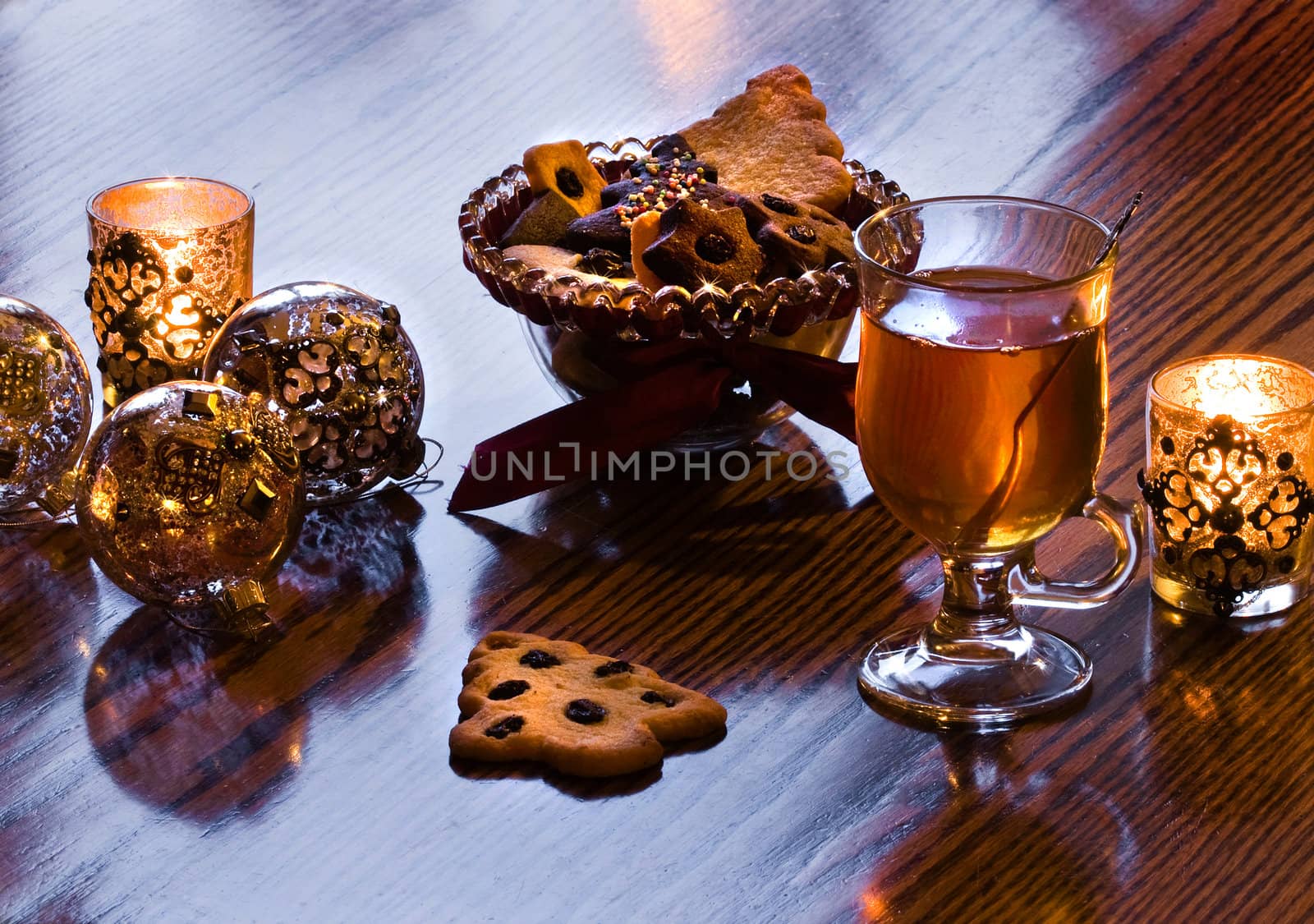 Tea time in christmastime with tea and homemade cookies
