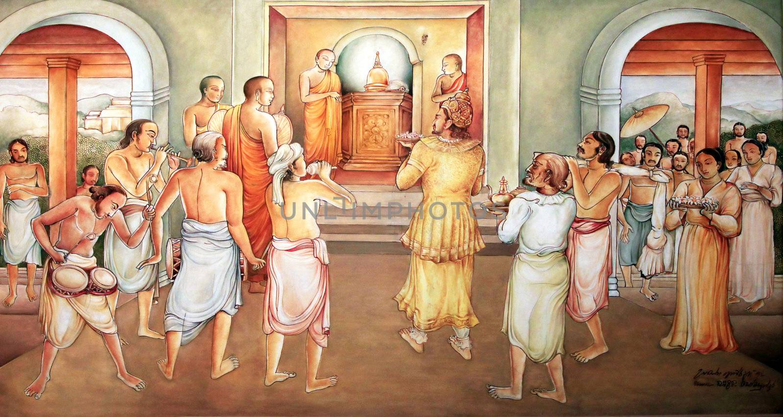 Picture in the working Temple of Sacred Tooth Buddha on Sri Lanka