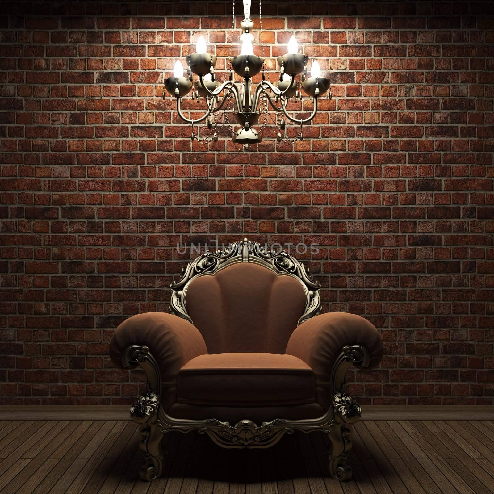 illuminated brick wall and chair made in 3D graphics