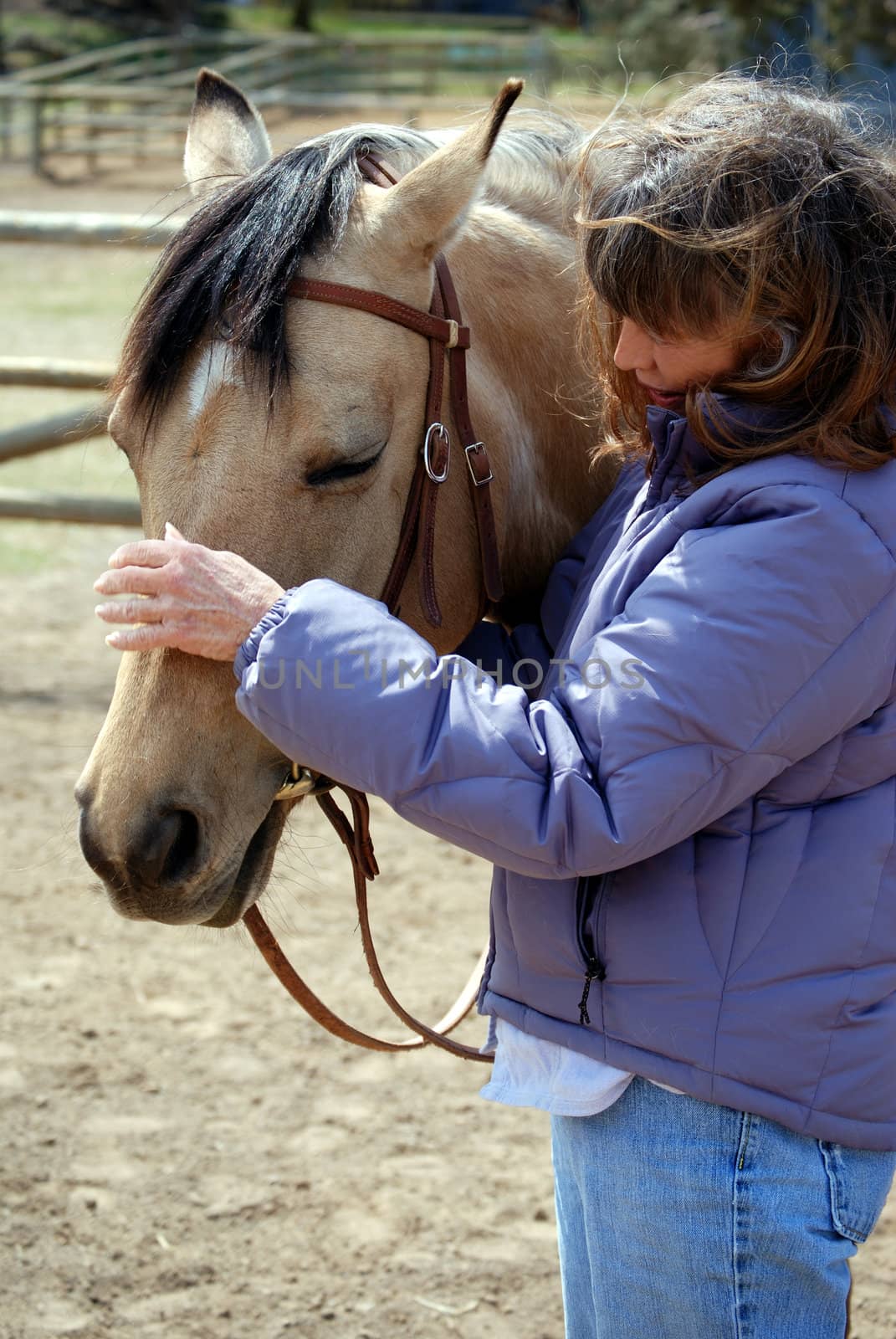 Vertical image of a Baby Boomer era woman and her pretty dun horse.