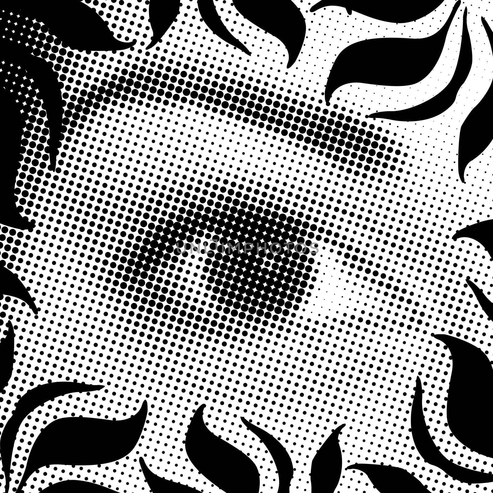 a halftone eye illustration with a floral border- all in black and white