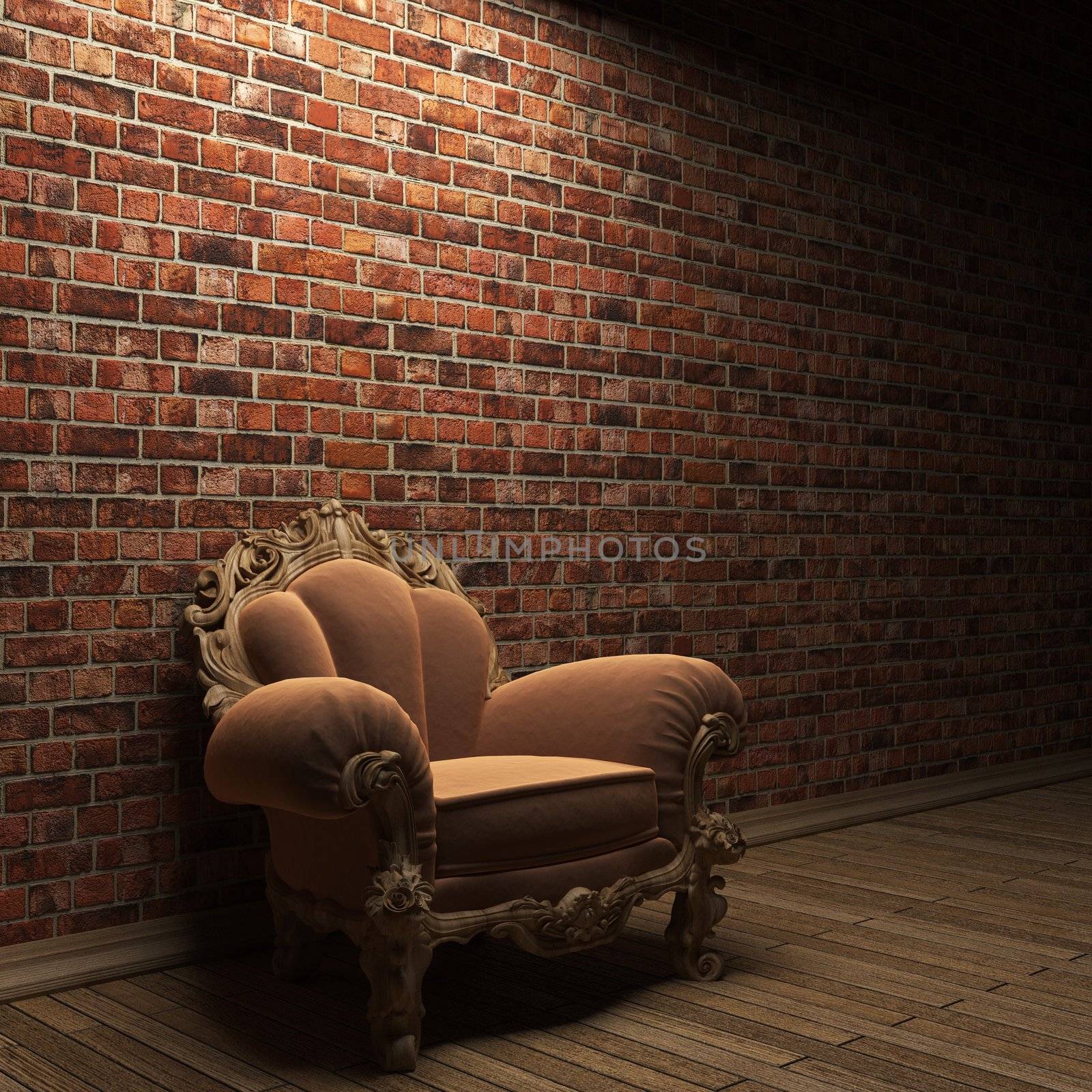 illuminated brick wall and chair by icetray