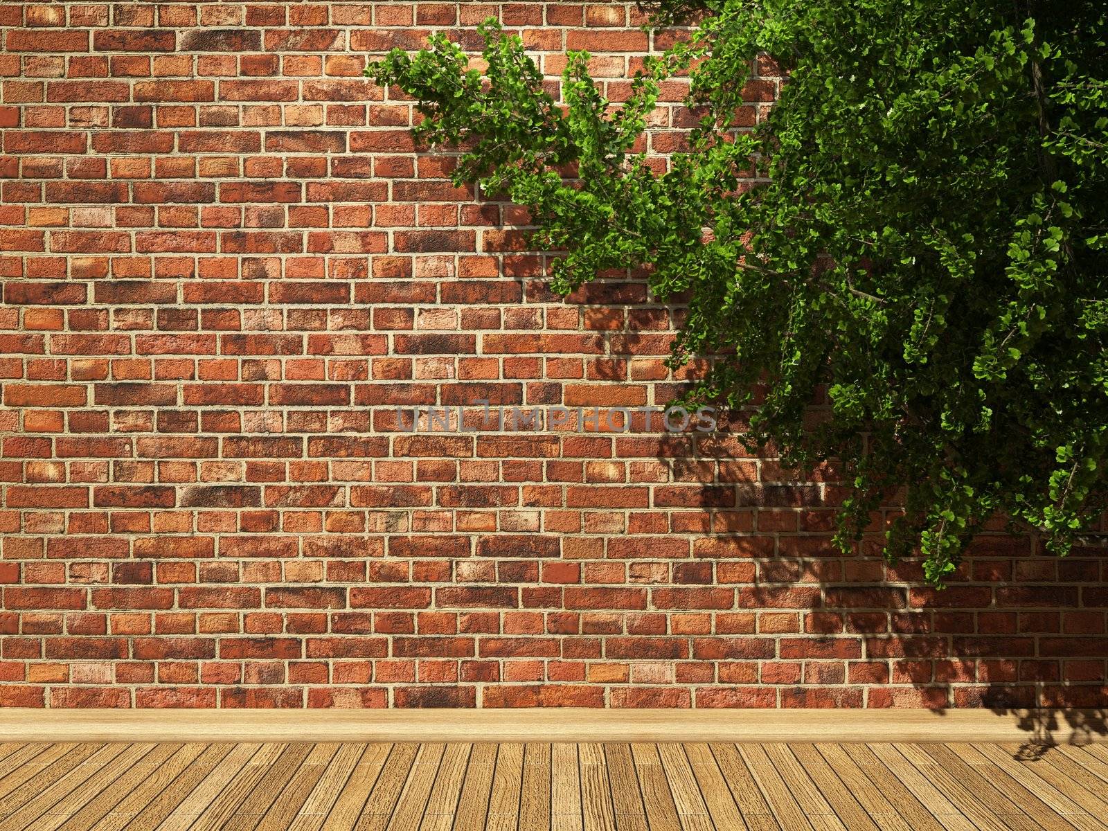 illuminated brick wall and ivy made in 3D graphics