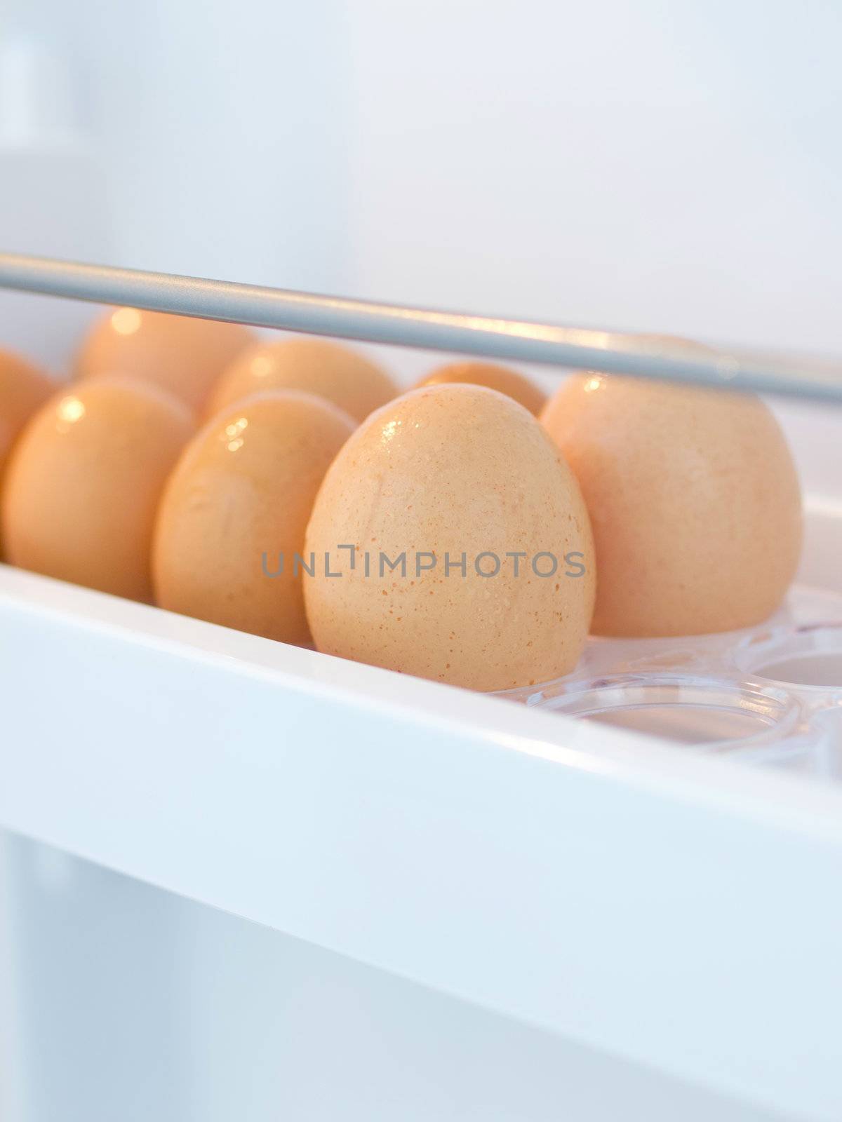 close up of fresh chicken eggs in the fridge