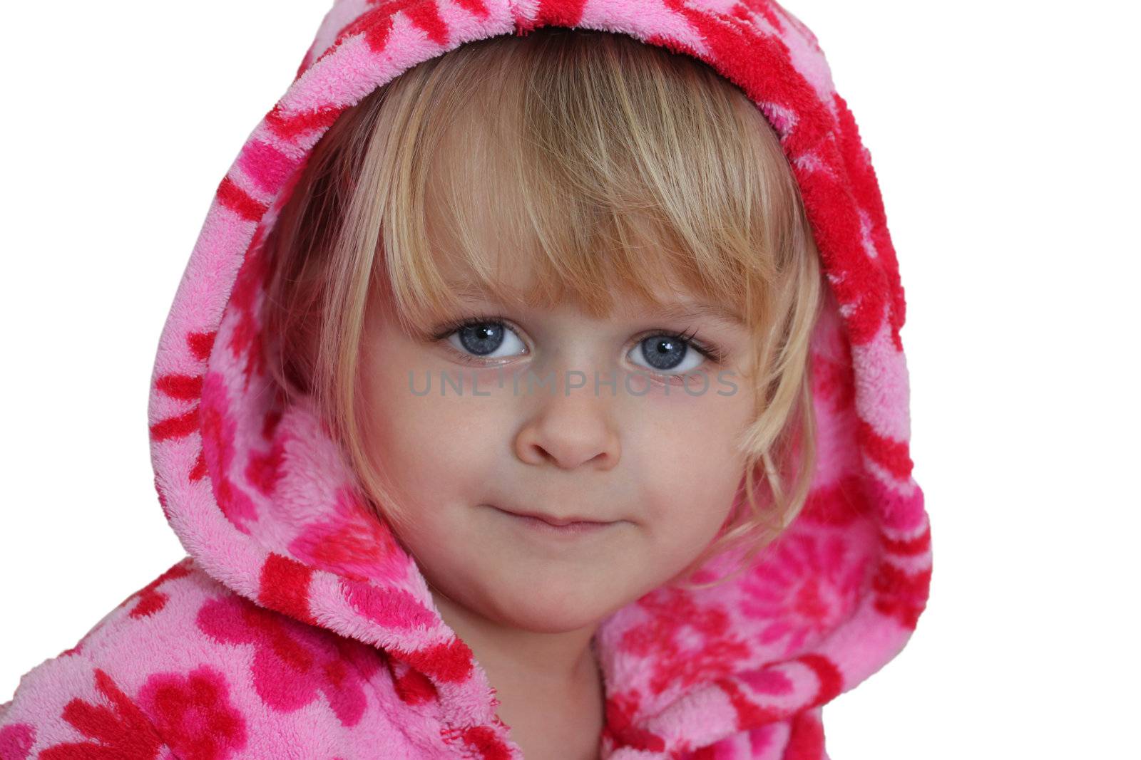 A horizontal of a blond 3 year old girl with blue eyes, dressed with a bright pink hoodie. Isolated on white