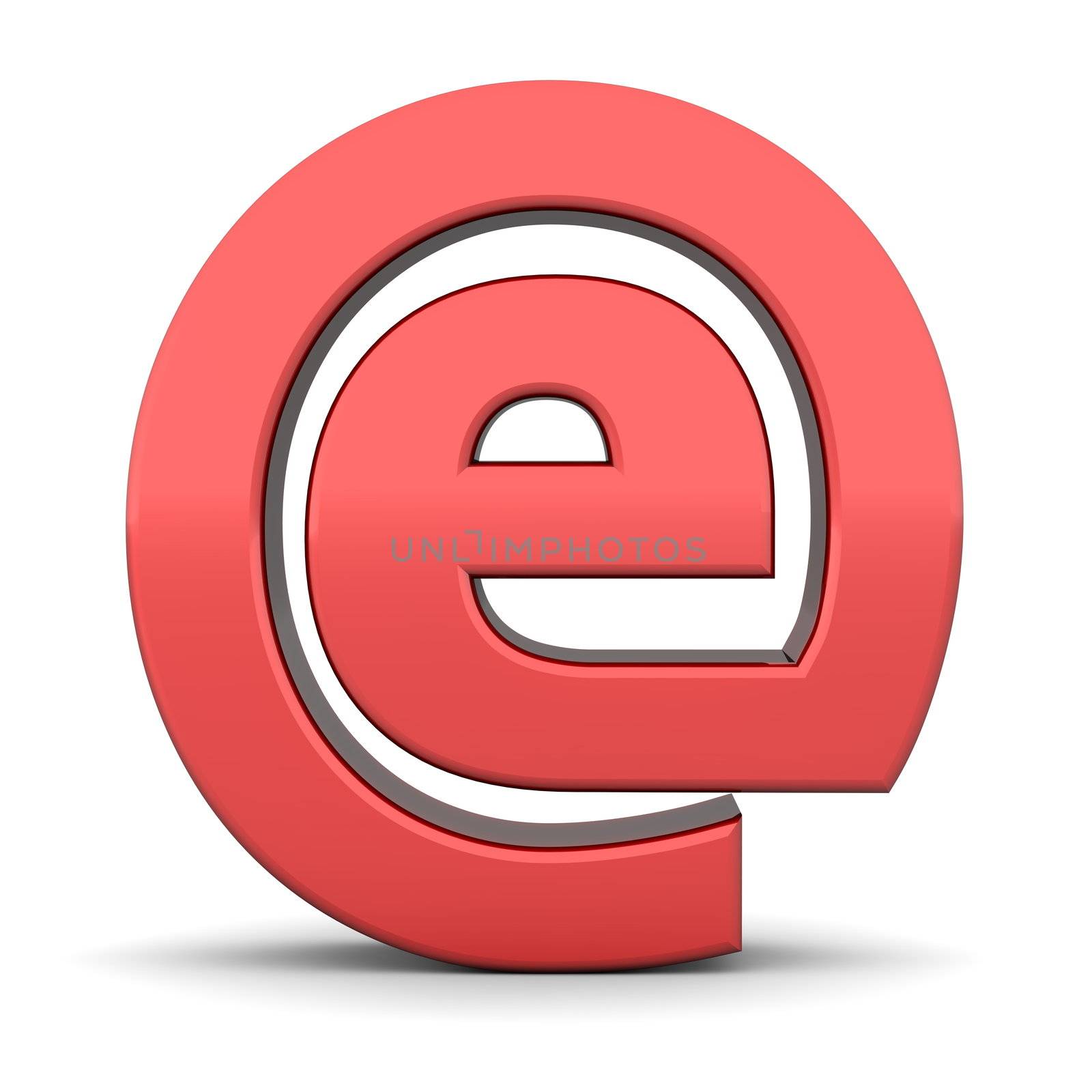 shiny red e sign in an AT symbol look - frontal view