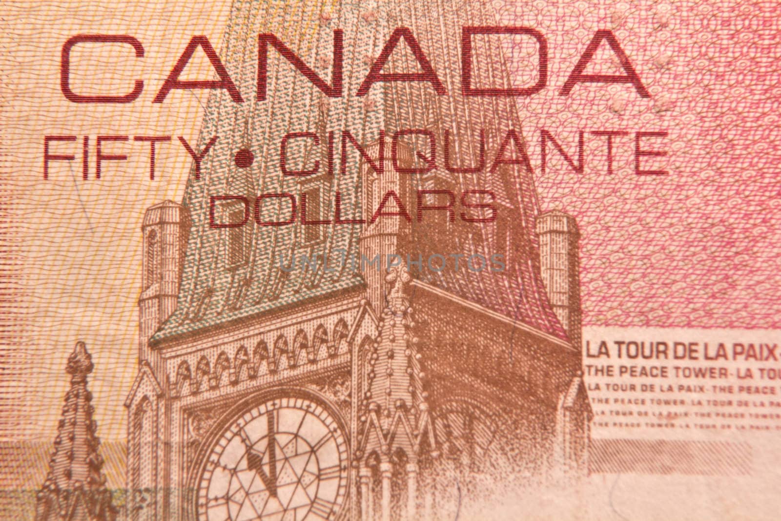 Sketch of the Peace Tower on a 50 dollar canadian bill