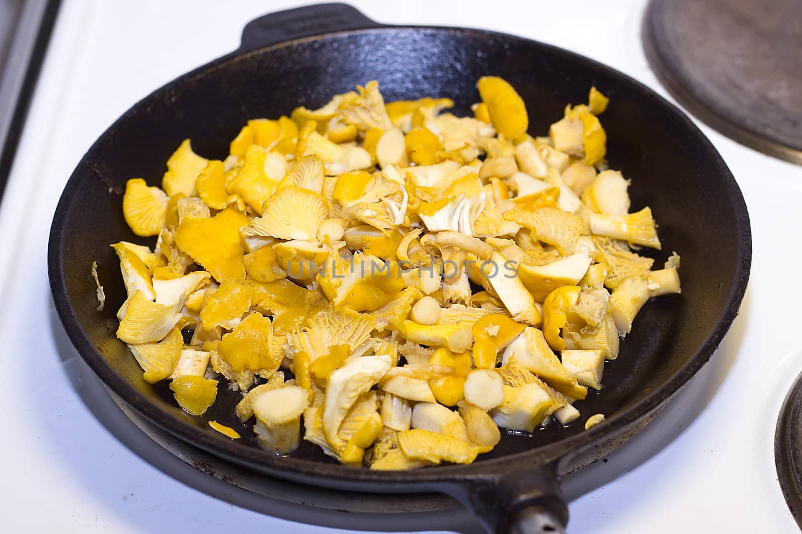 Chopped yellow chanterelles being fried on a cooker
