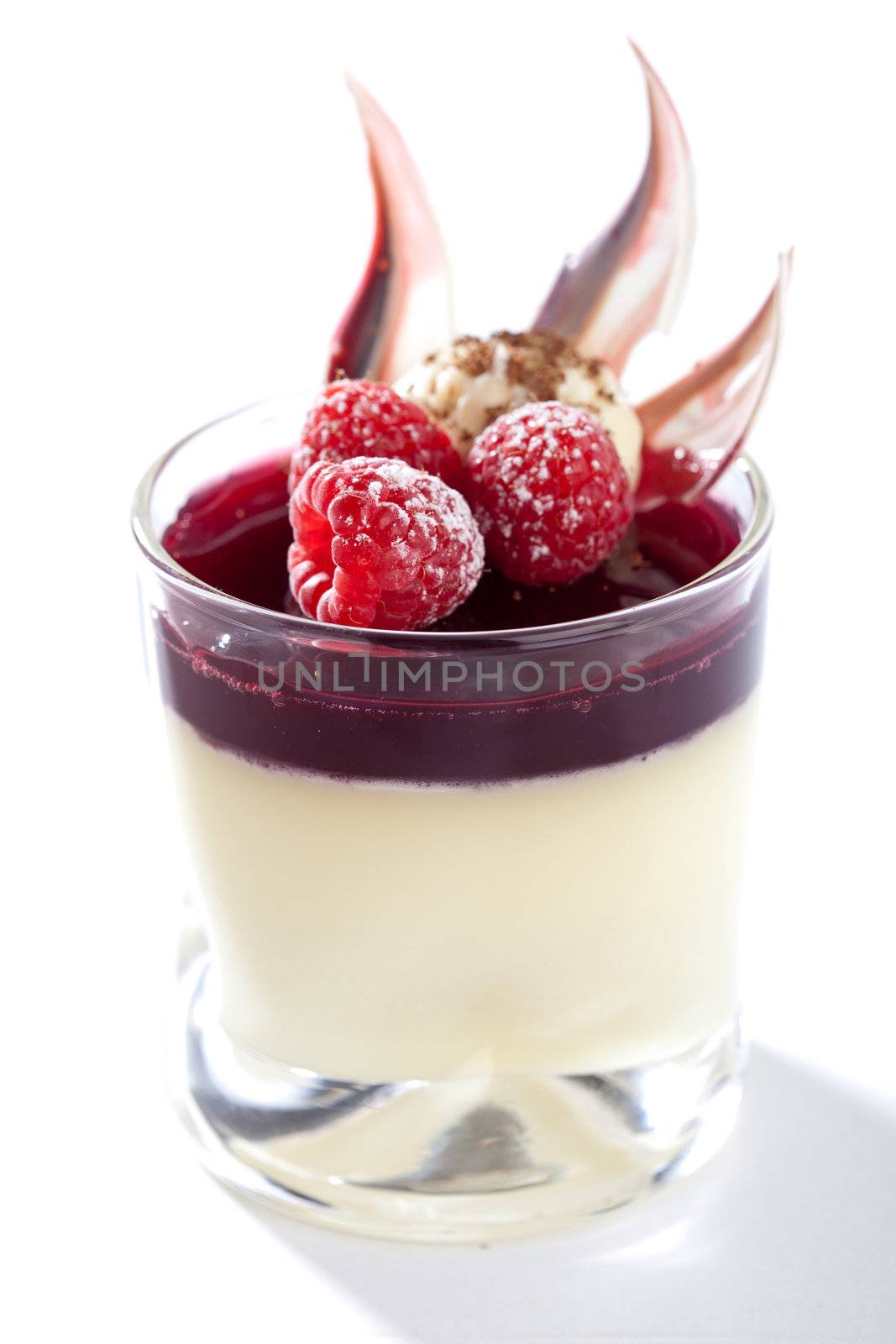 Elegant and fresh dessert; pannacotta with raspberries