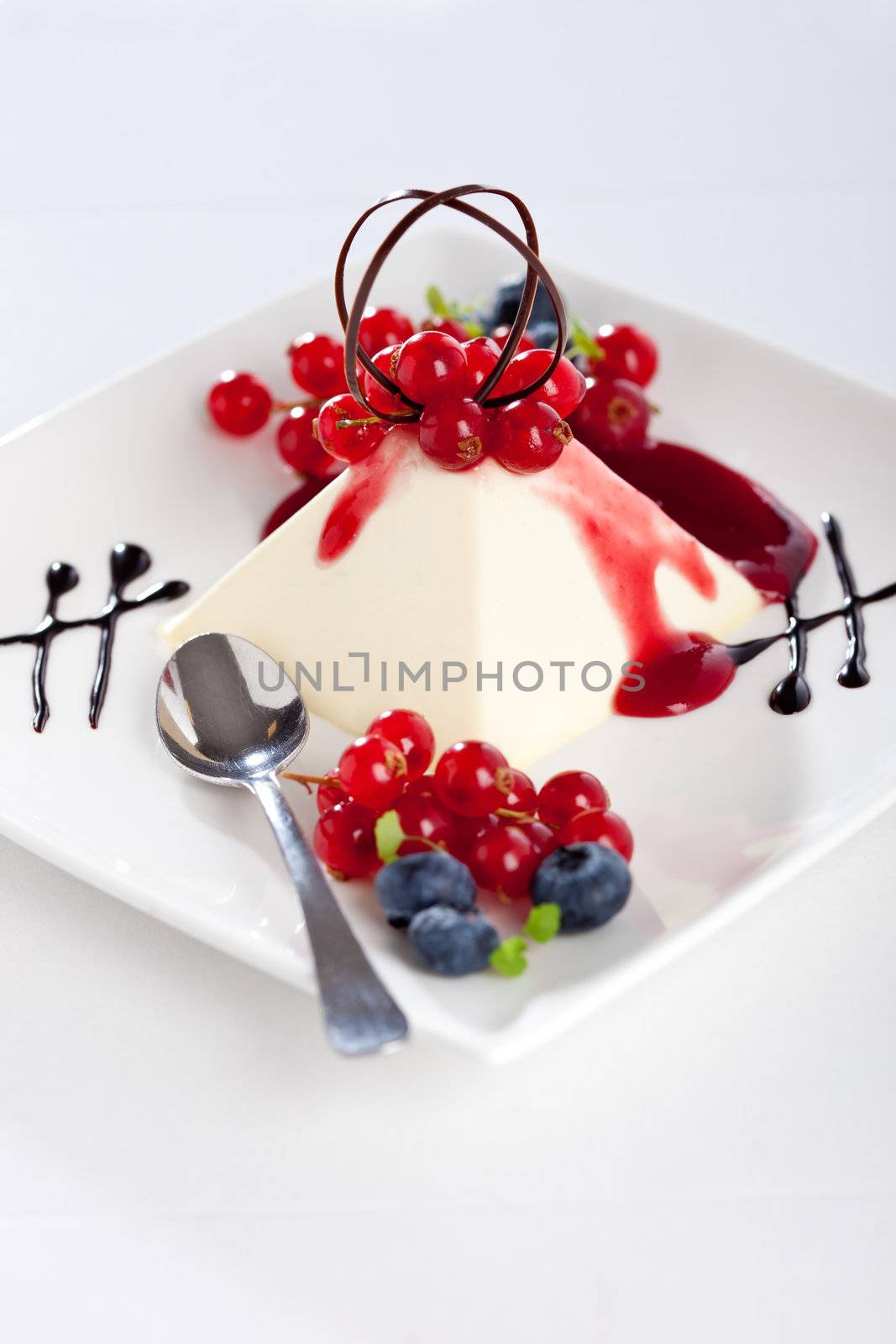 Delicious and fresh pannacotta with raspberry coulis and fresh fruits of the forest