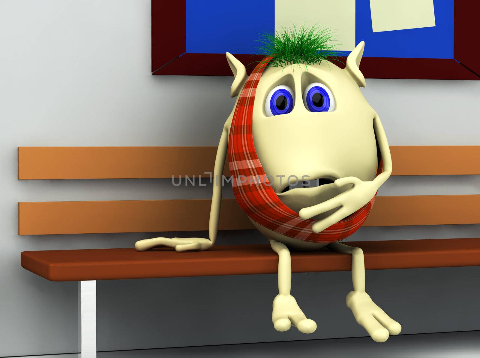 3d character puppet having teeth pain in hospital