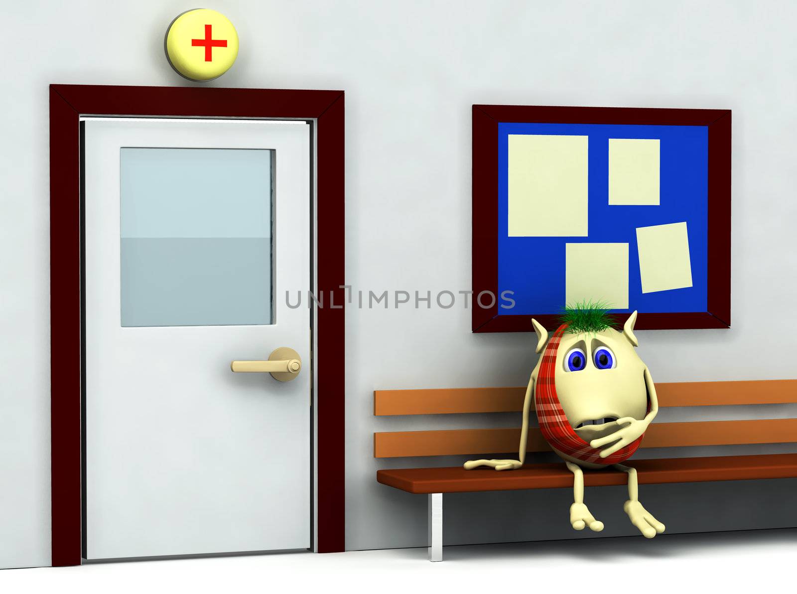 3d character puppet having teeth pain in hospital