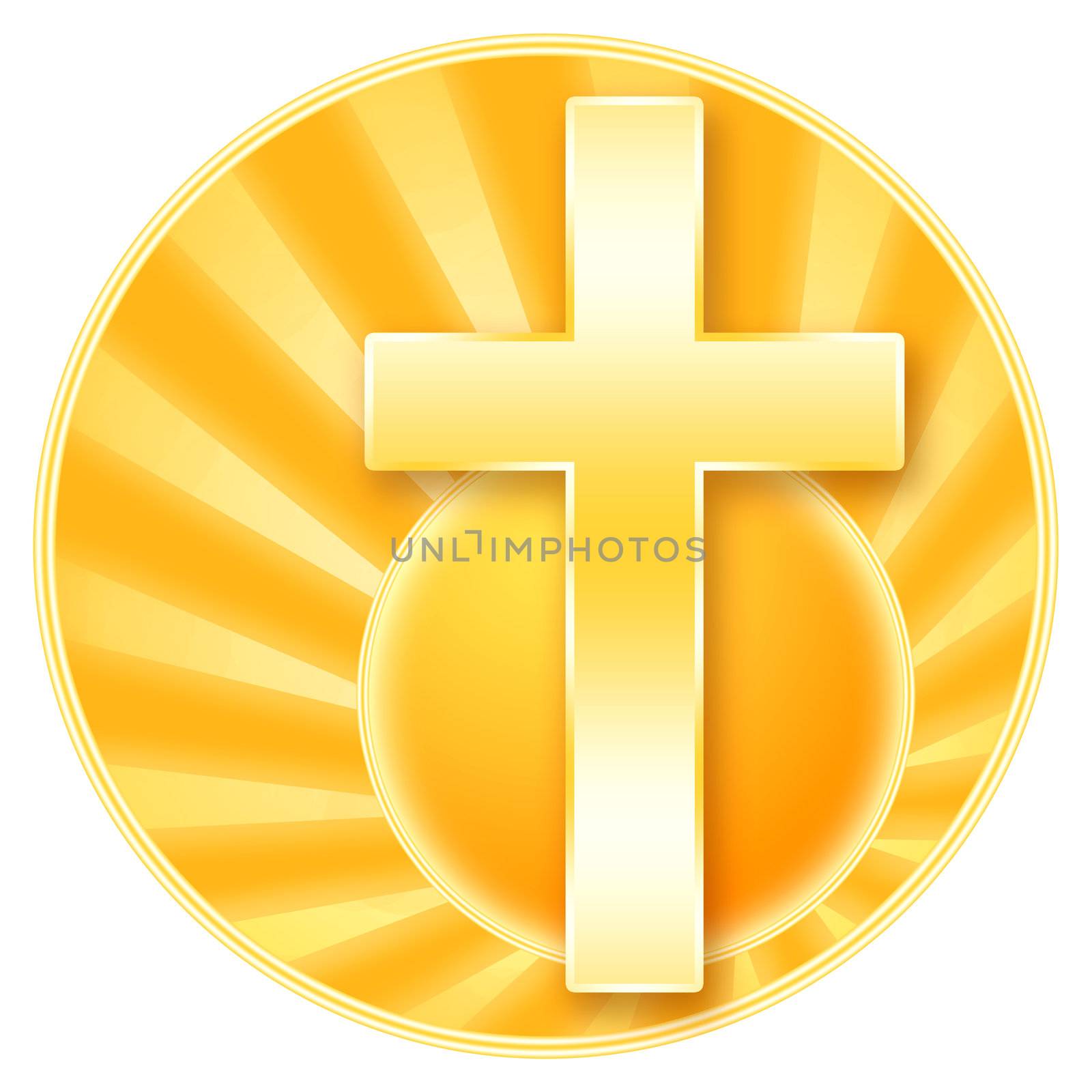 Christian cross and rising sun, golden illustration with isolated over white background