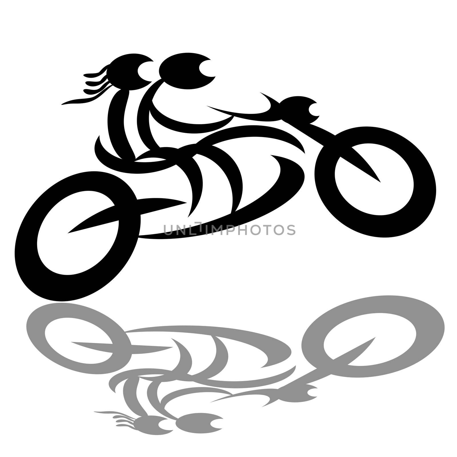 Biker couple extremely ride motorcycle, black silhouette isolated over white background
