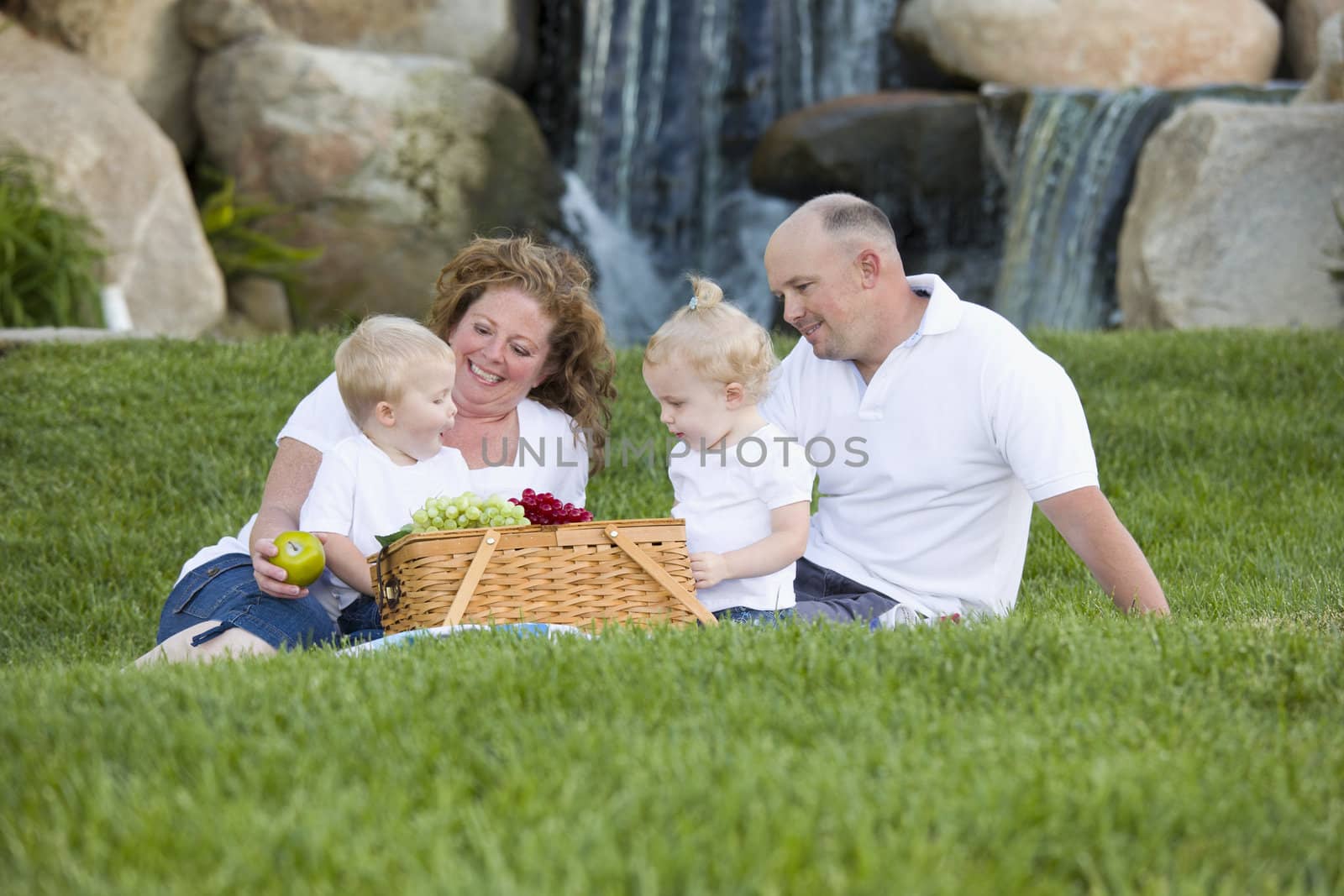 Happy Adorable Young Family with Twins Enjoy a Picnic in the Park.