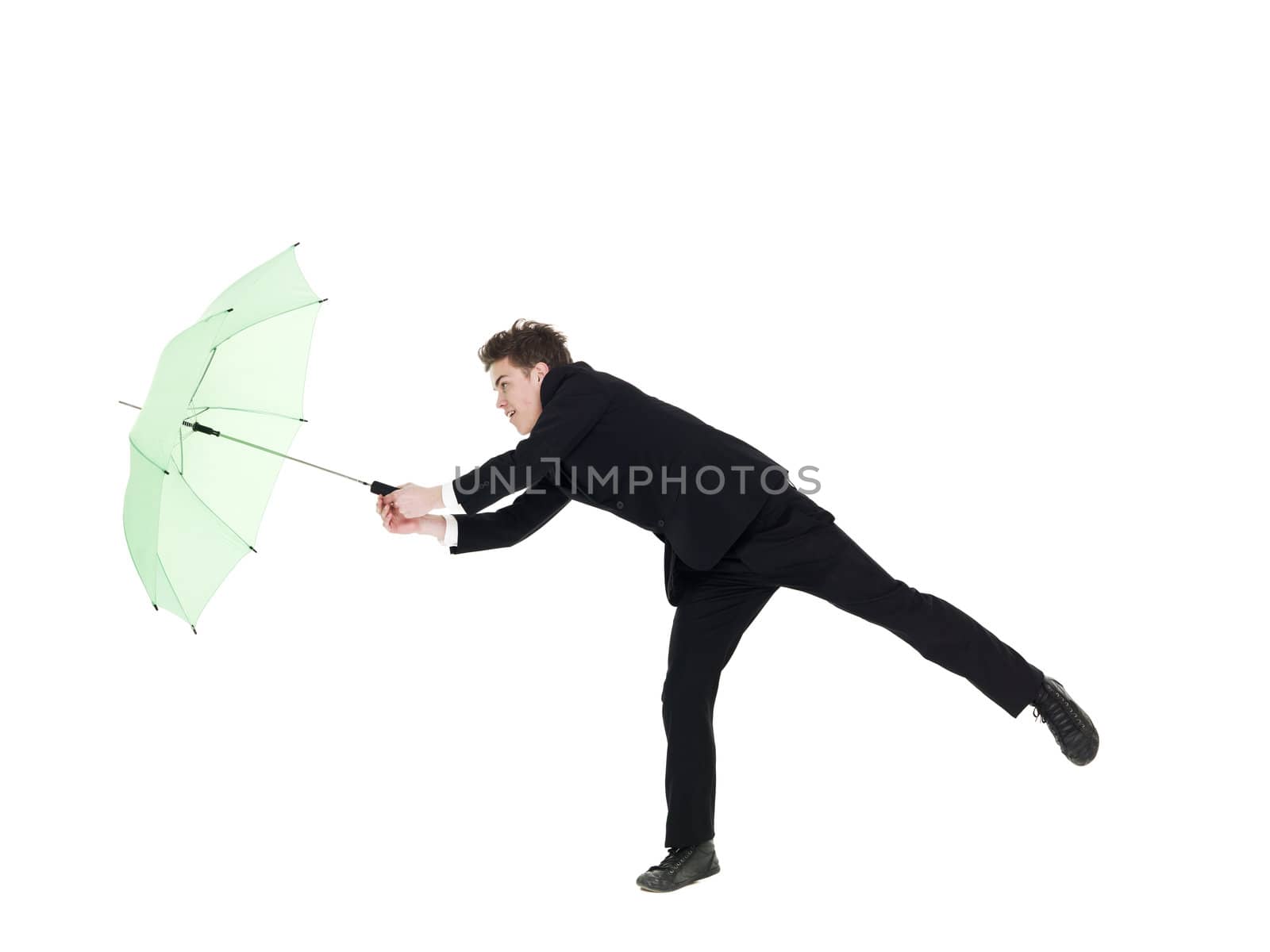 Young man with umbrella isolated on white background