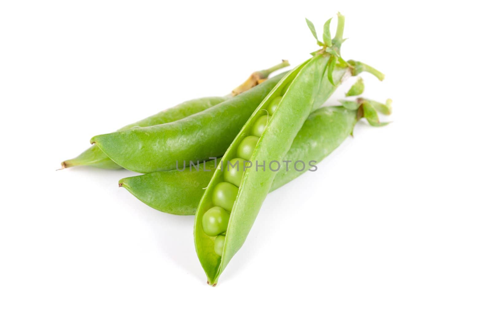 Ripe pea vegetable with green leaf isolated on white background