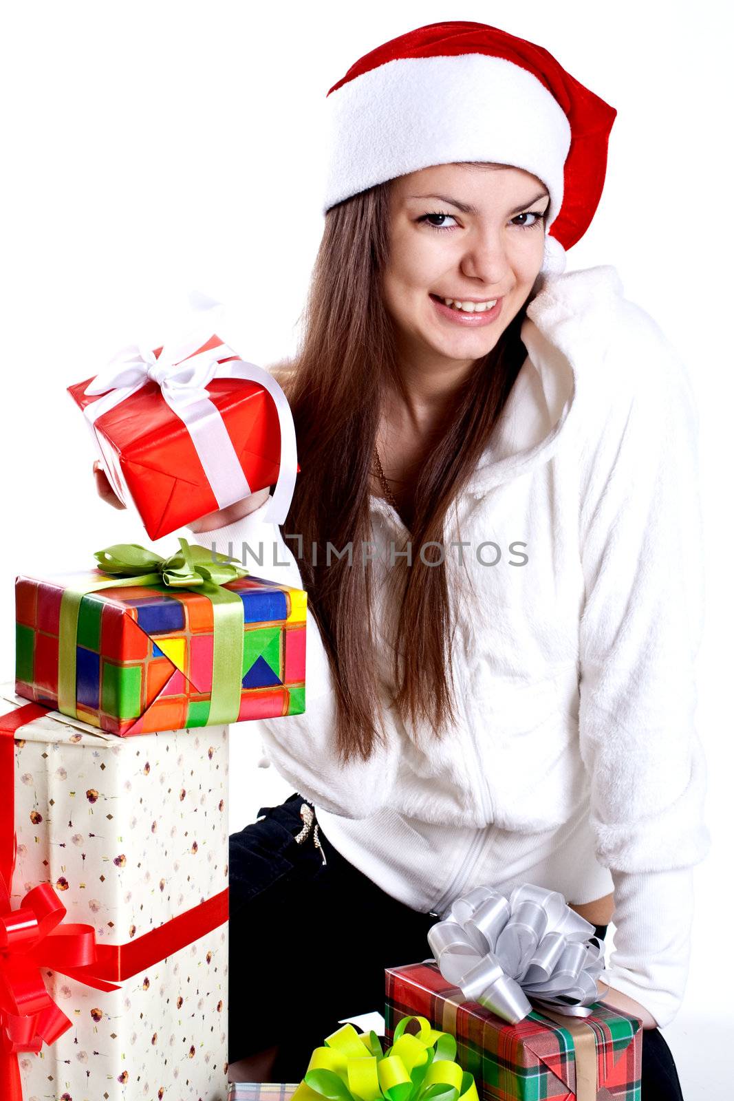 beautiful woman with holiday gift on a white background