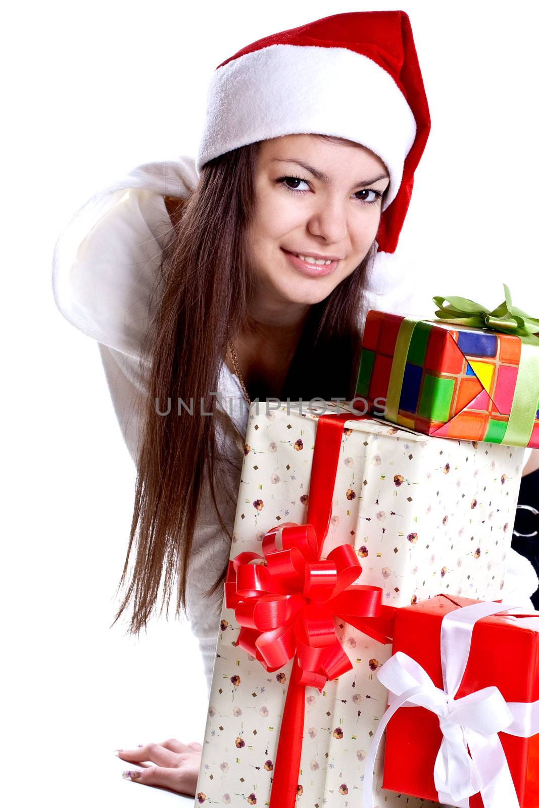 beautiful woman with holiday gift on a white background