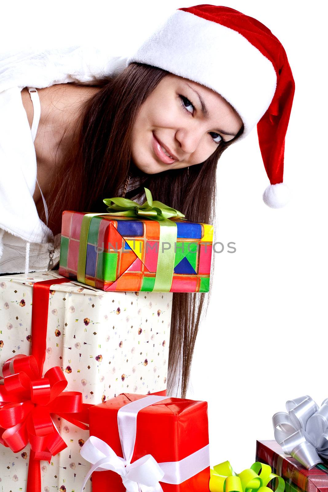 beautiful woman with holiday gift on a white background