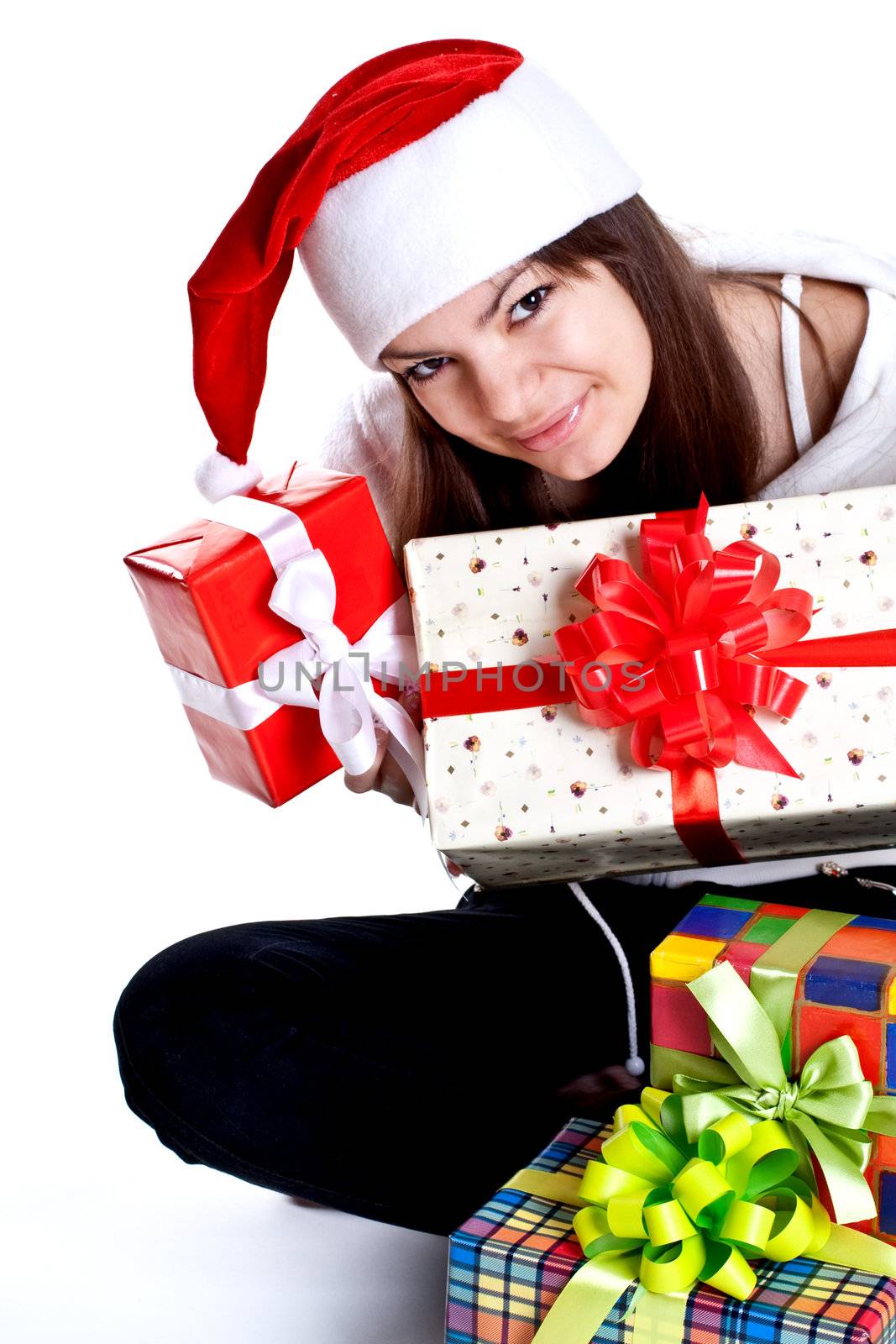 beautiful woman with holiday gift on a white background