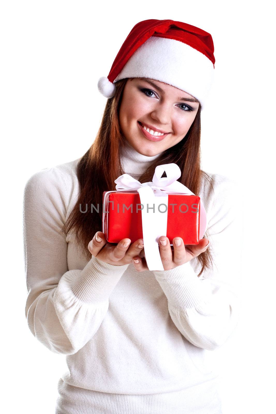 beautiful woman with holiday gift on a white background