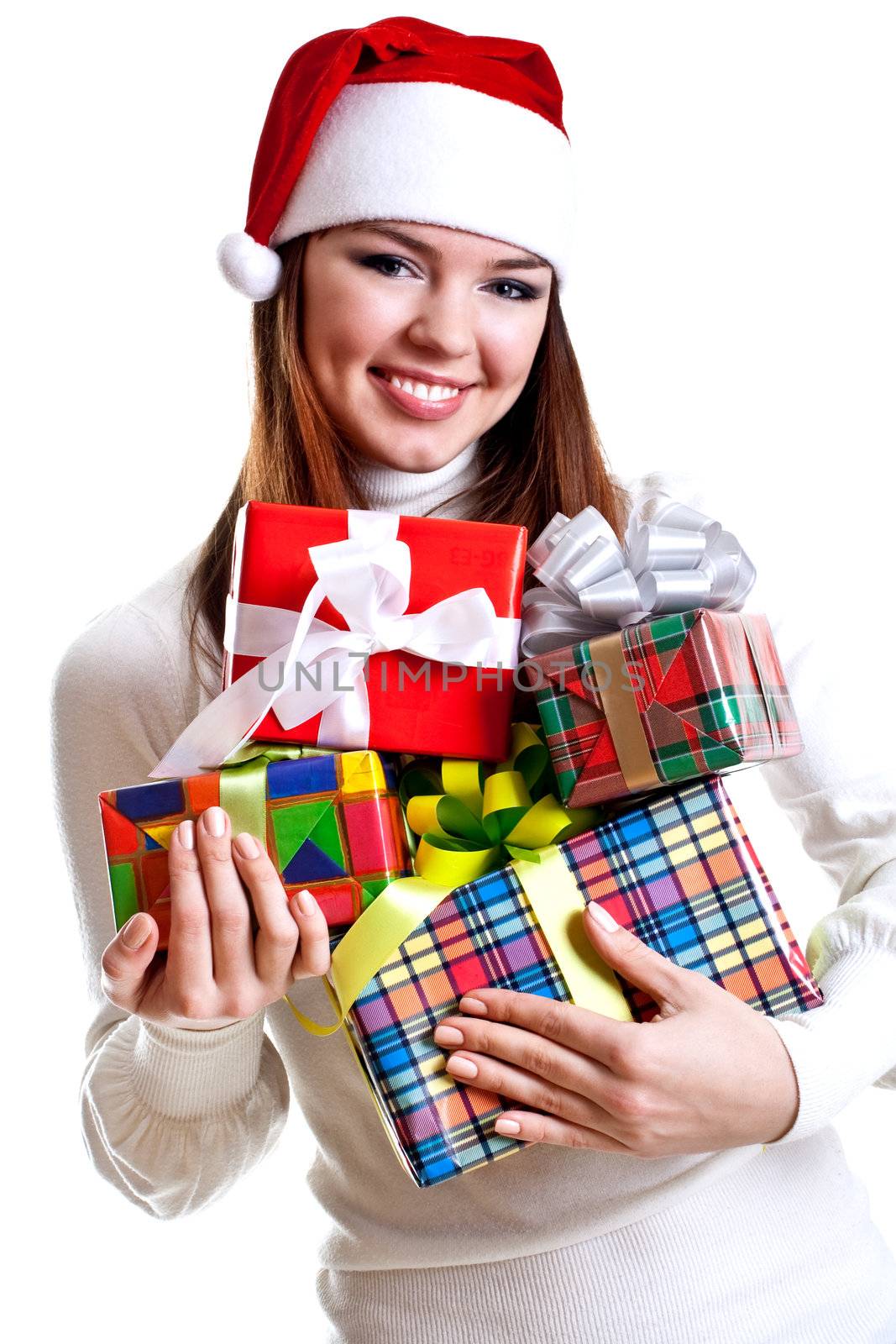 beautiful woman with holiday gift on a white background