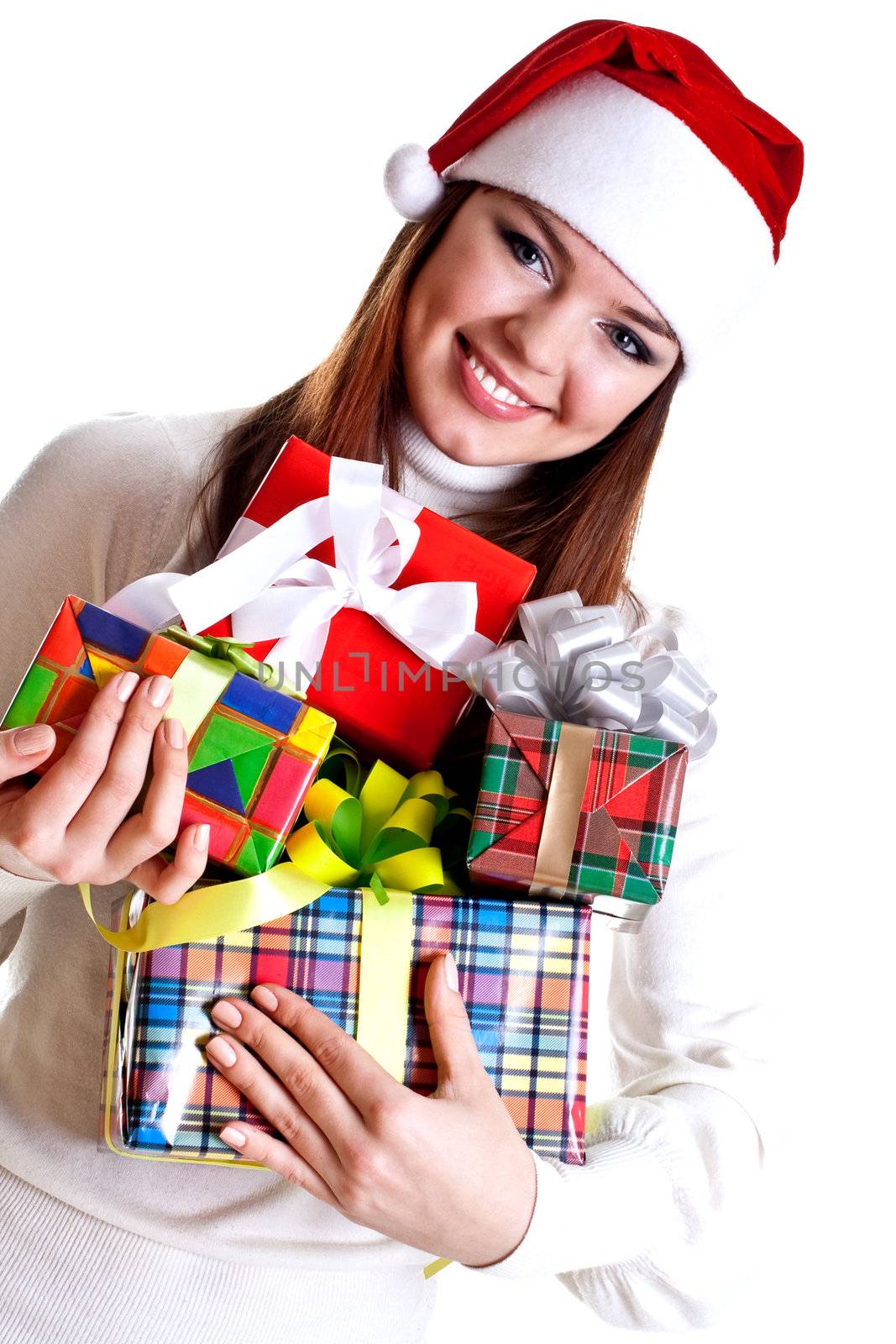 beautiful woman with holiday gift on a white background