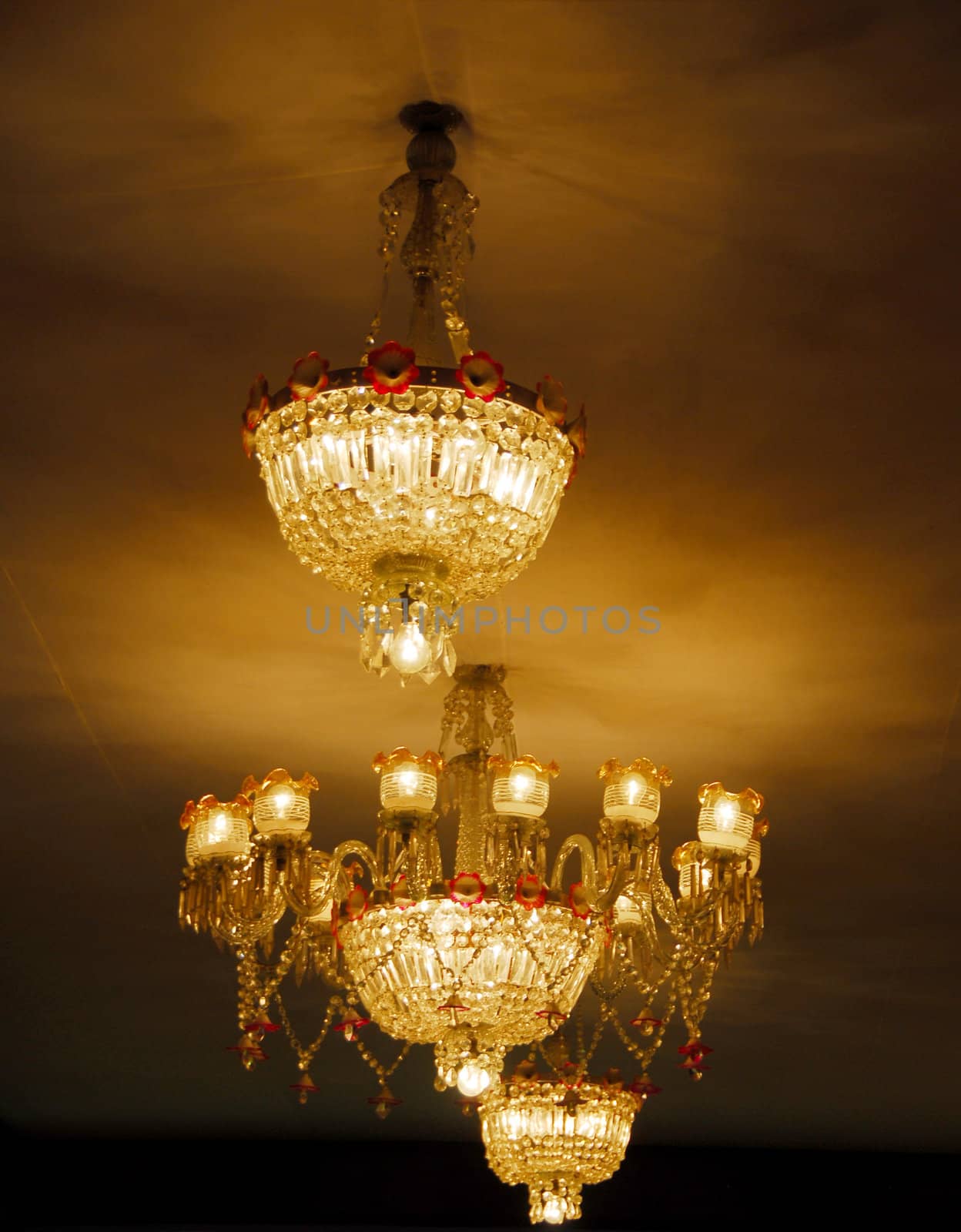 closeup of Home interiors Chandelier on ceiling with lights