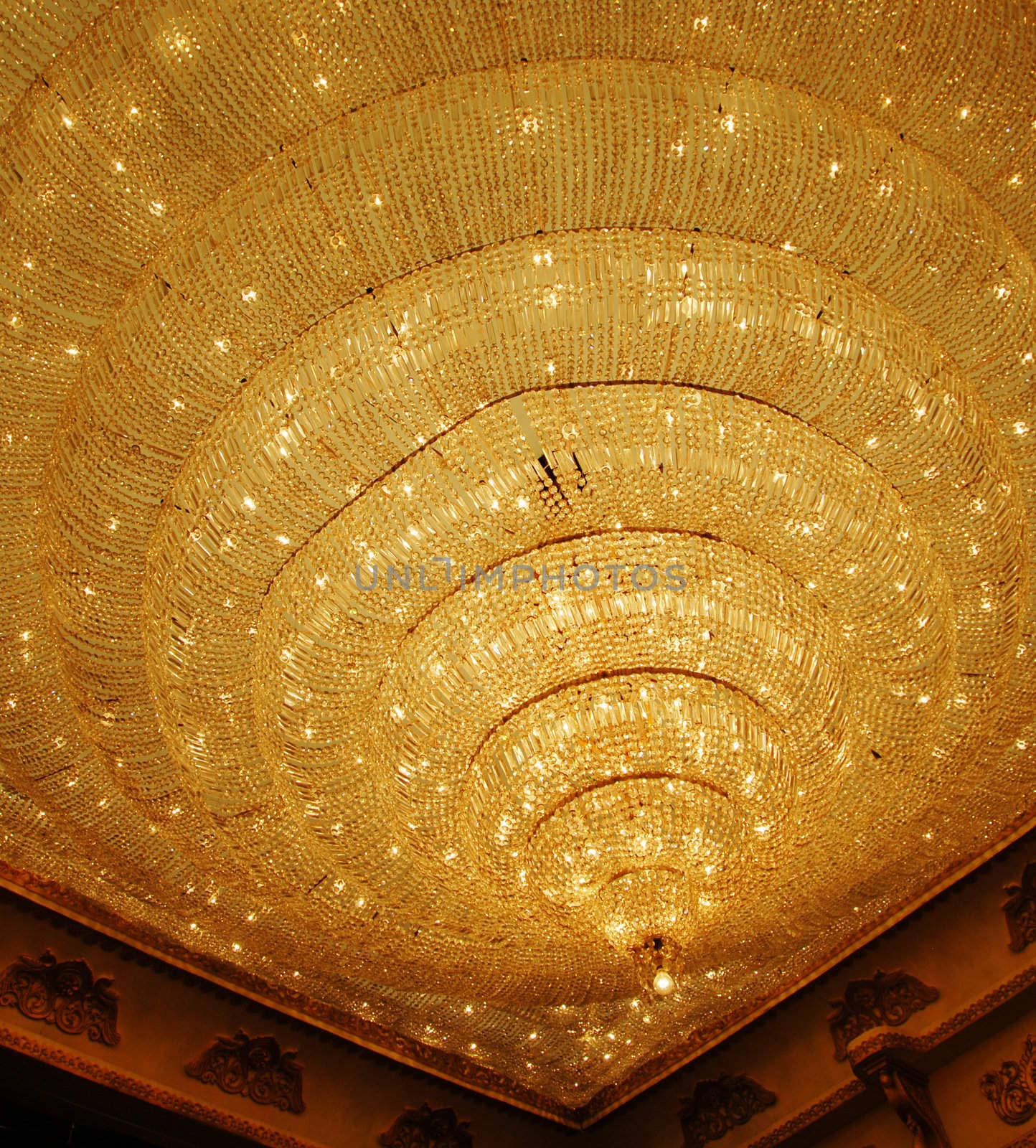 closeup of Home interiors Chandelier on ceiling with lights