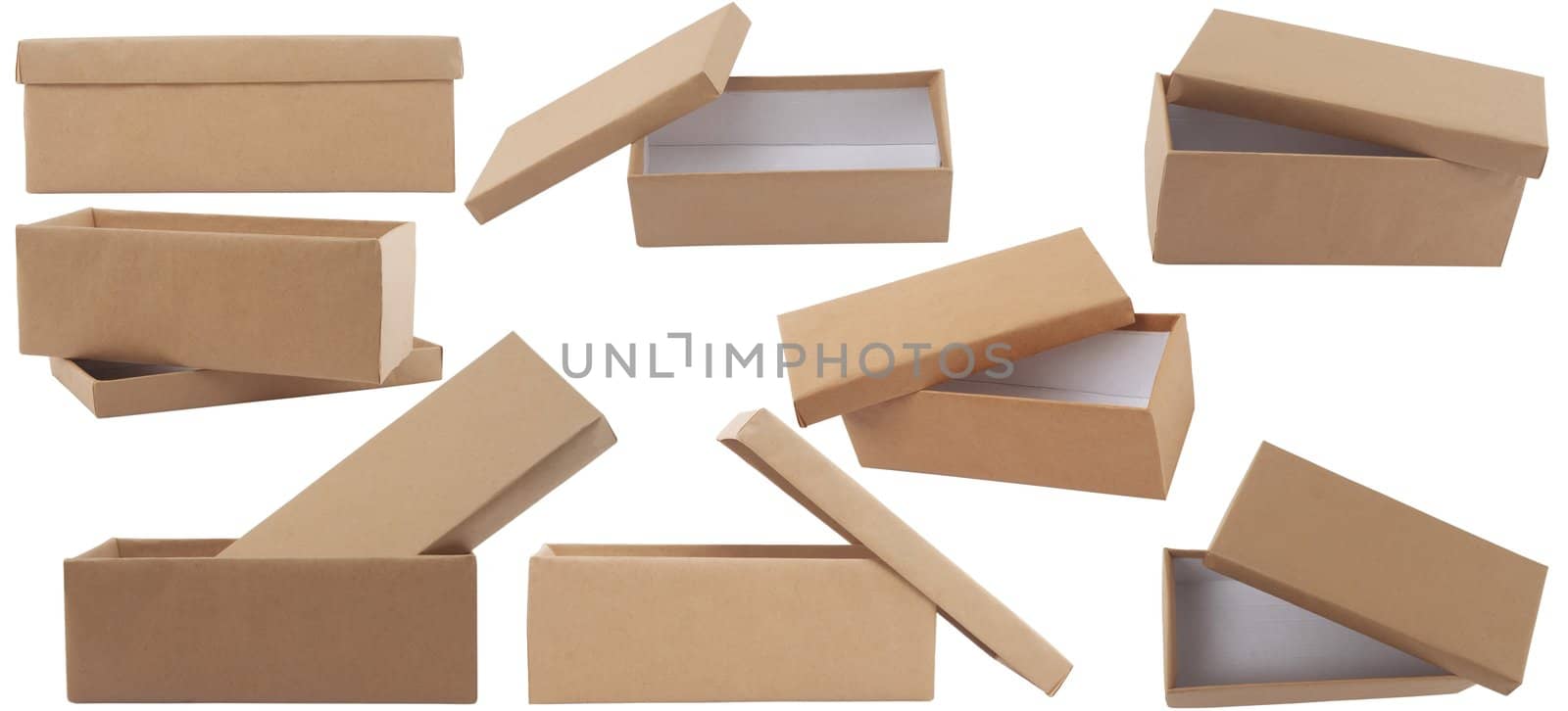 different point of view of blank brown box with lid on white background