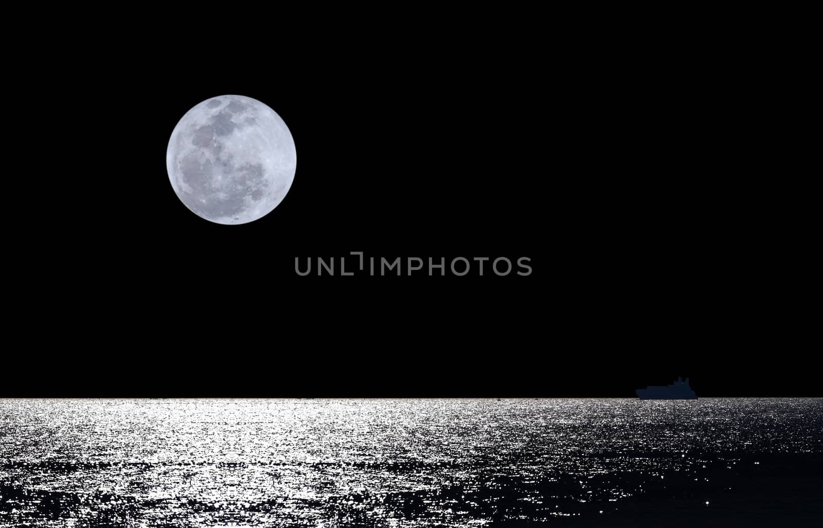 Full moon over water with abstract shining water